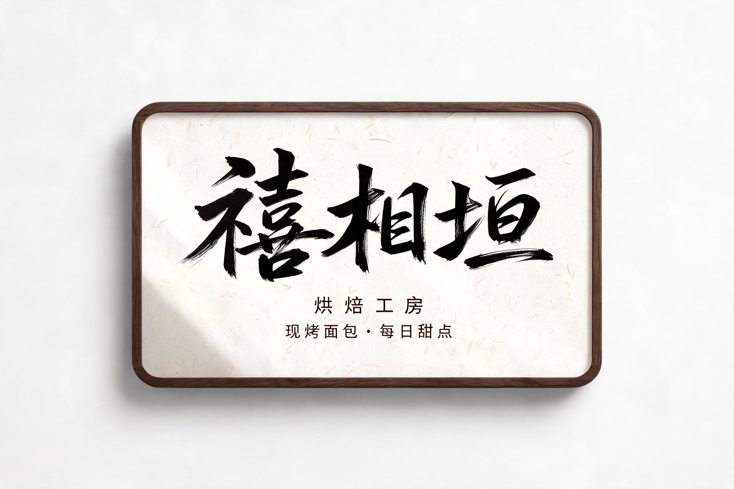 "禧相垣
烘焙工房
现烤面包 · 每日甜点" — brush stroke text effect