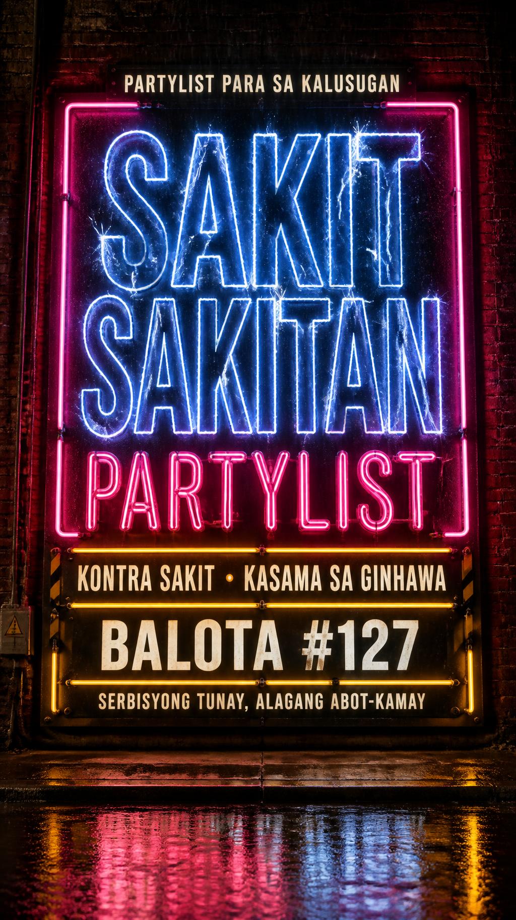 SAKIT
SAKITAN
PARTYLIST
KONTRA SAKIT • KASAMA SA GINHAWA
BALOTA #127
SERBISYONG TUNAY, ALAGANG ABOT-KAMAY
PARTYLIST PARA SA KALUSUGAN