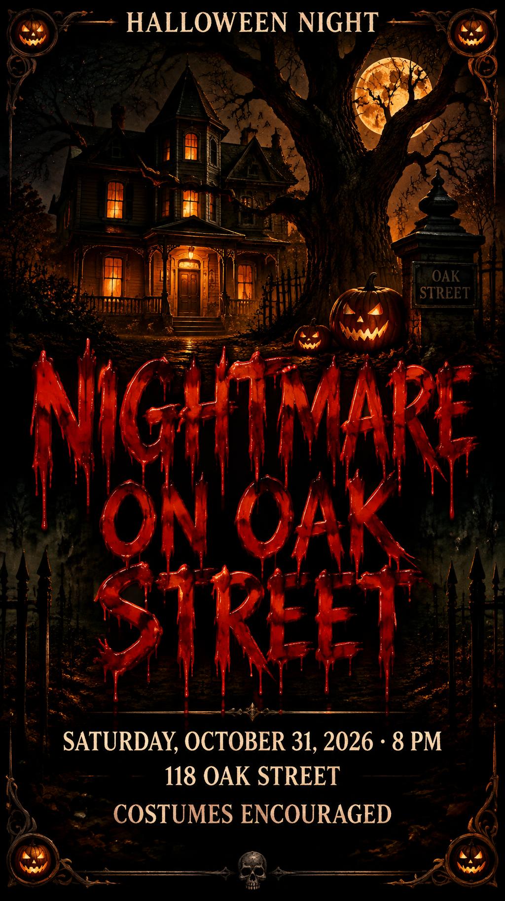NIGHTMARE ON OAK STREET
HALLOWEEN NIGHT
SATURDAY, OCTOBER 31, 2026 · 8 PM
118 OAK STREET
COSTUMES ENCOURAGED