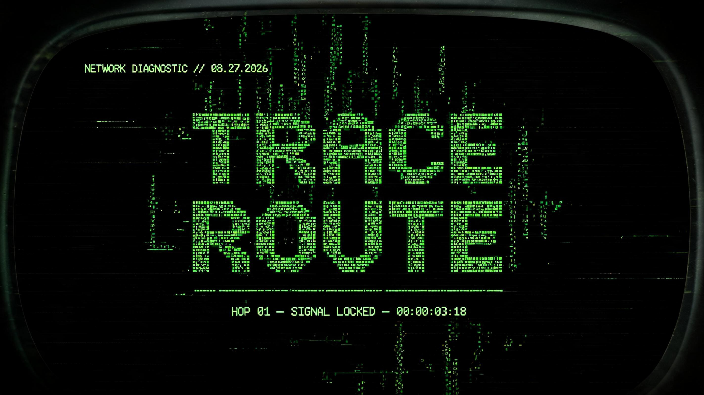 "TRACE ROUTE
NETWORK DIAGNOSTIC // 08.27.2026
HOP 01 — SIGNAL LOCKED — 00:00:03:18" — Cyberpunk Data Stream text effect