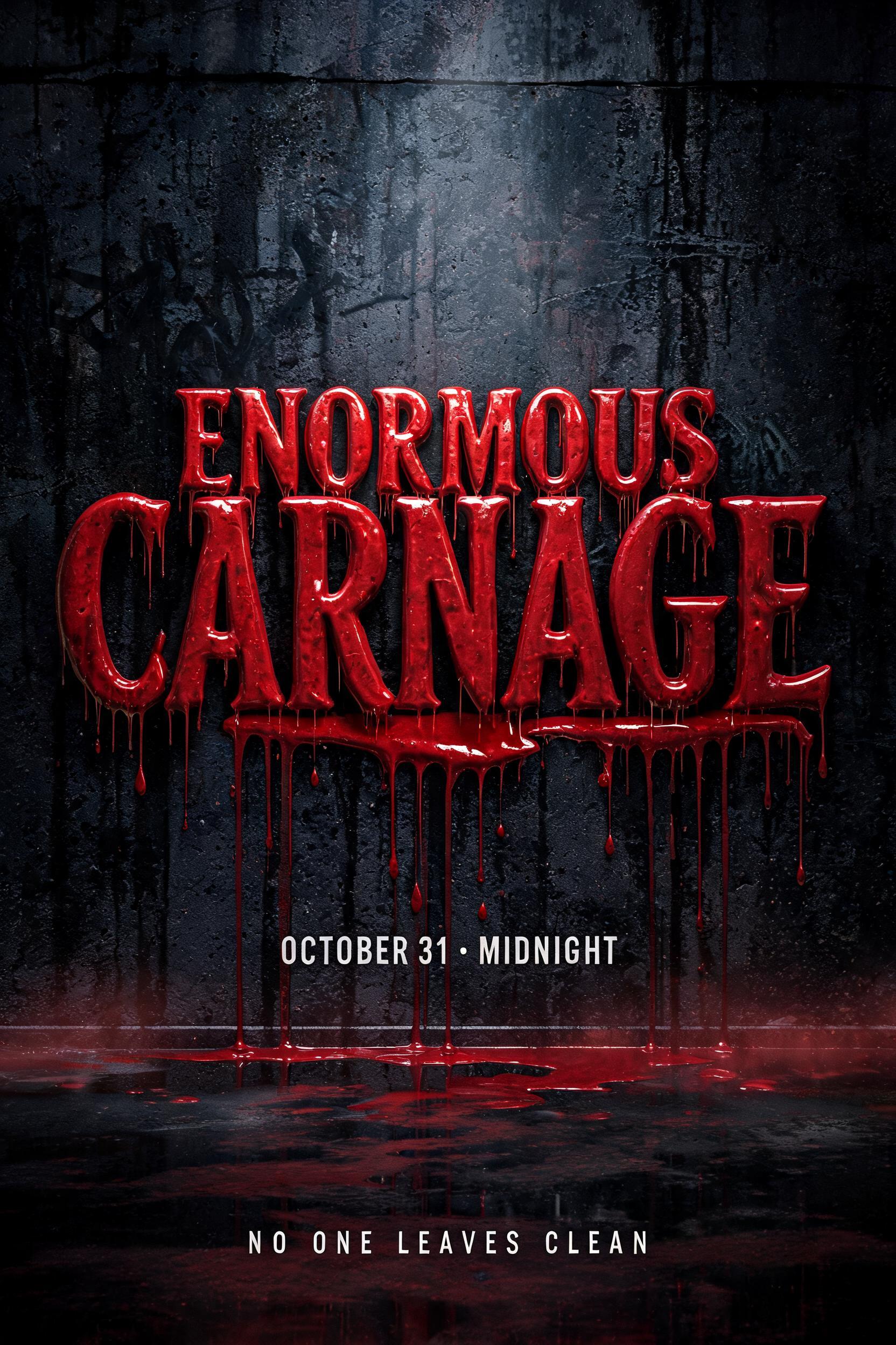 "CARNAGE
OCTOBER 31 · MIDNIGHT
NO ONE LEAVES CLEAN" — Drip Font text effect