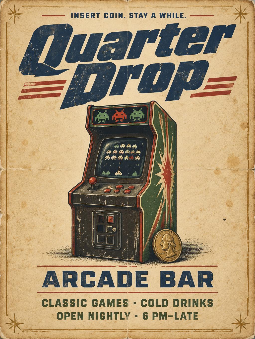 "Quarter Drop
INSERT COIN. STAY A WHILE.
ARCADE BAR
CLASSIC GAMES · COLD DRINKS
OPEN NIGHTLY · 6 PM–LATE" — Vintage | AI Text Effect Generator