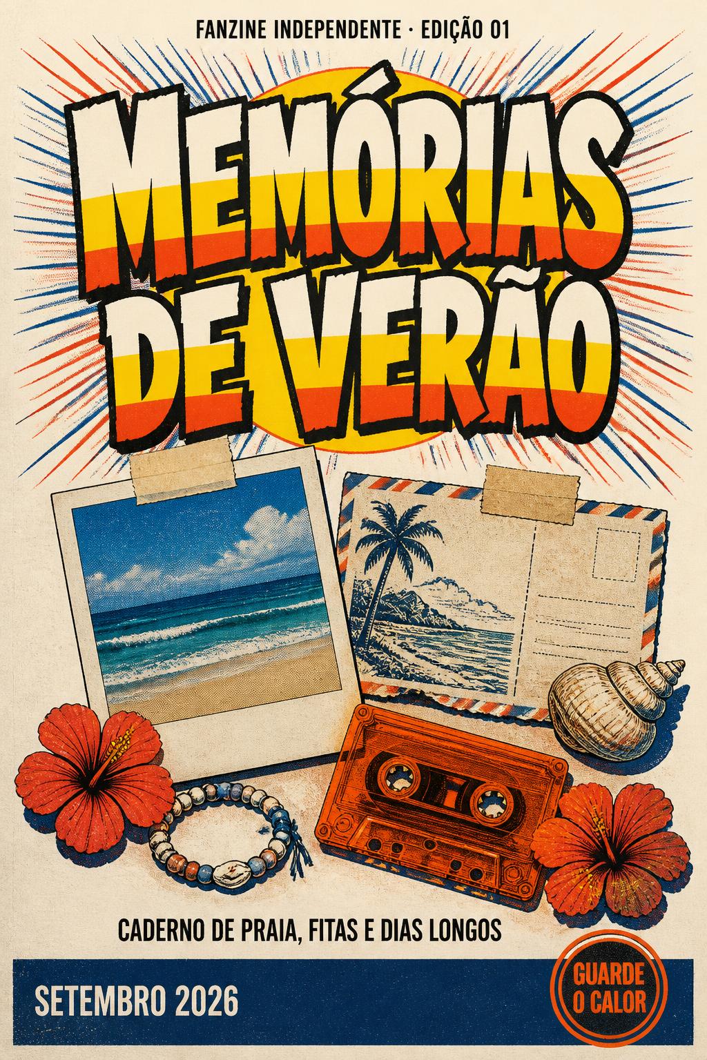 "Memórias de Verão
FANZINE INDEPENDENTE · EDIÇÃO 01
CADERNO DE PRAIA, FITAS E DIAS LONGOS
SETEMBRO 2026
GUARDE O CALOR" — Anime text effect