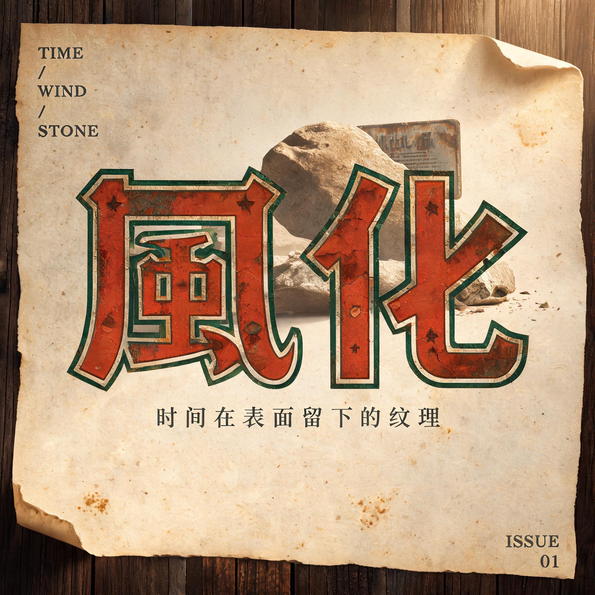 "风化
TIME / WIND / STONE
ISSUE 01
时间在表面留下的纹理" — Vintage | AI Text Effect Generator