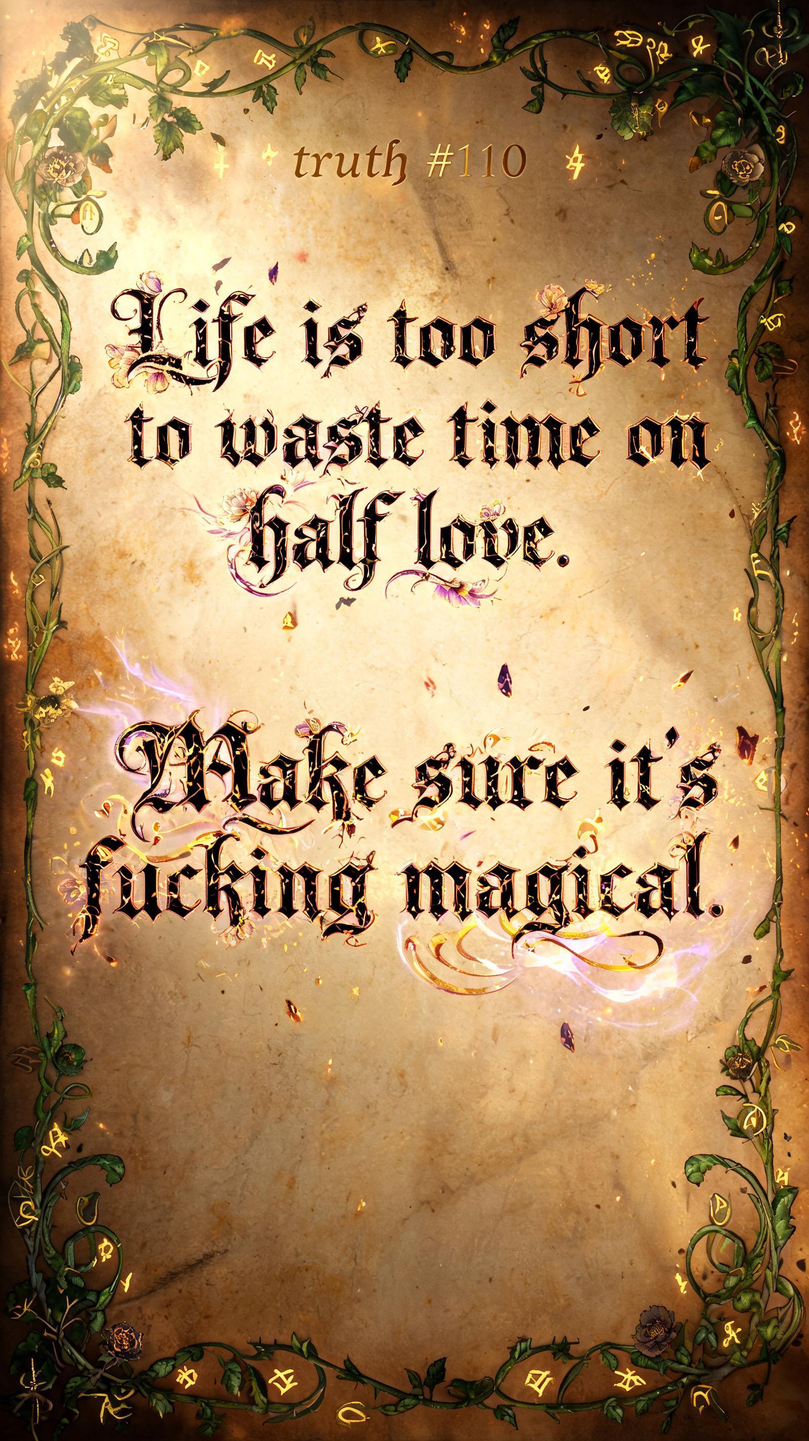 "truth #110
Life is too short to waste time on half love.
Make sure it's fucking magical." — Magic Fantasy text effect