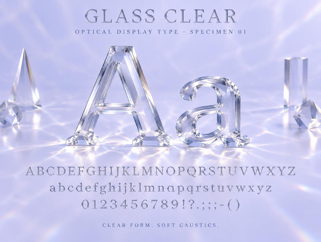 "Aa
GLASS CLEAR
OPTICAL DISPLAY TYPE · SPECIMEN 01
ABCDEFGHIJKLMNOPQRSTUVWXYZ
abcdefghijklmnopqrstuvwxyz
0123456789  !?&@#%+-=()
CLEAR FORM. SOFT CAUSTICS." — Glass | AI Text Effect Generator