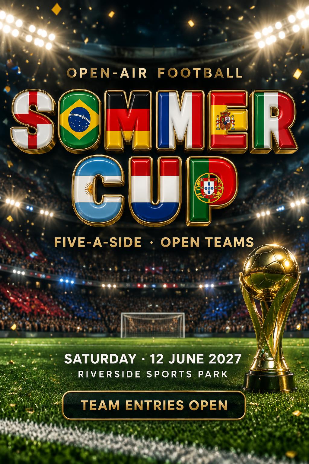 OPEN-AIR FOOTBALL
SUMMER CUP
FIVE-A-SIDE · OPEN TEAMS
SATURDAY · 12 JUNE 2027
RIVERSIDE SPORTS PARK
TEAM ENTRIES OPEN