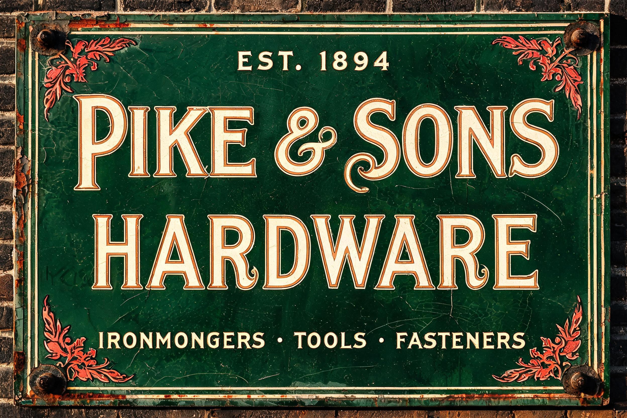 "I need an old shop sign for my ironmonger Pike & Sons Hardware" — Vintage | AI Text Effect Generator