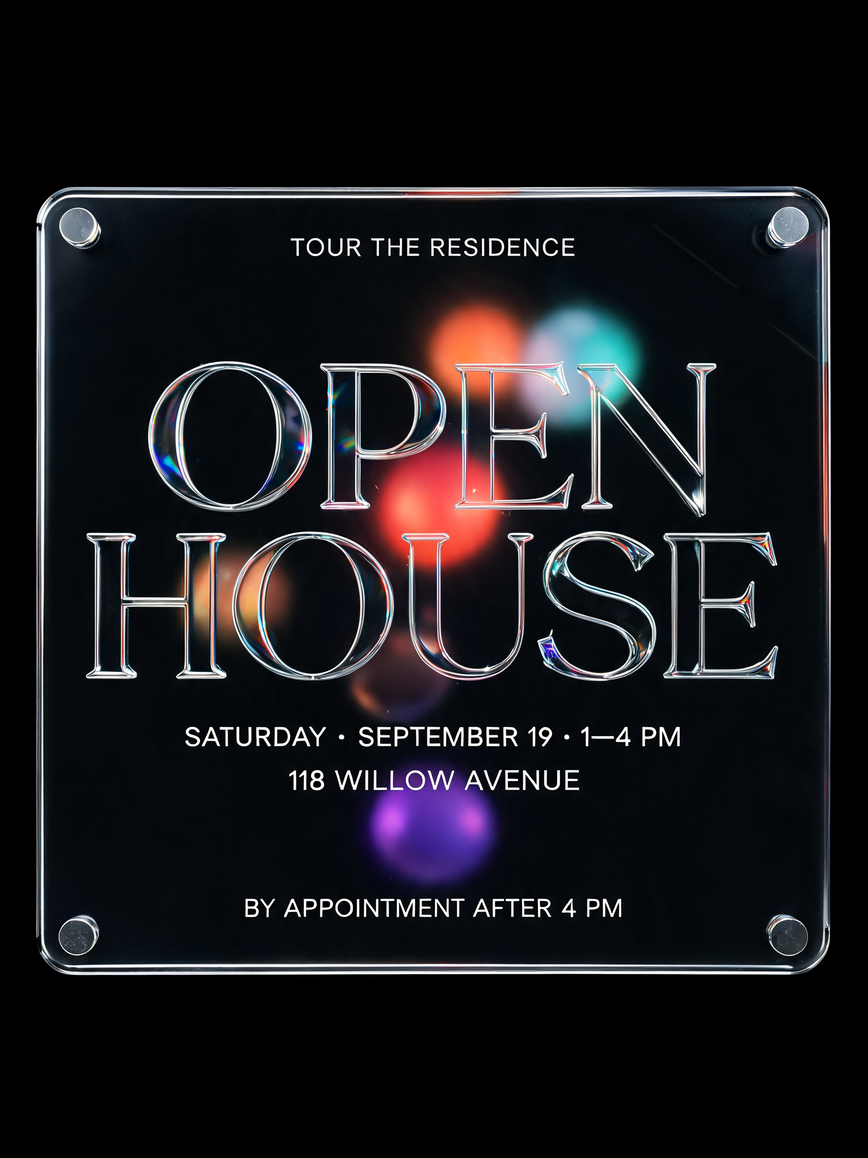 "OPEN HOUSE
TOUR THE RESIDENCE
SATURDAY · SEPTEMBER 19 · 1–4 PM
118 WILLOW AVENUE
BY APPOINTMENT AFTER 4 PM" — Glass Morphism | AI Text Effect Generator