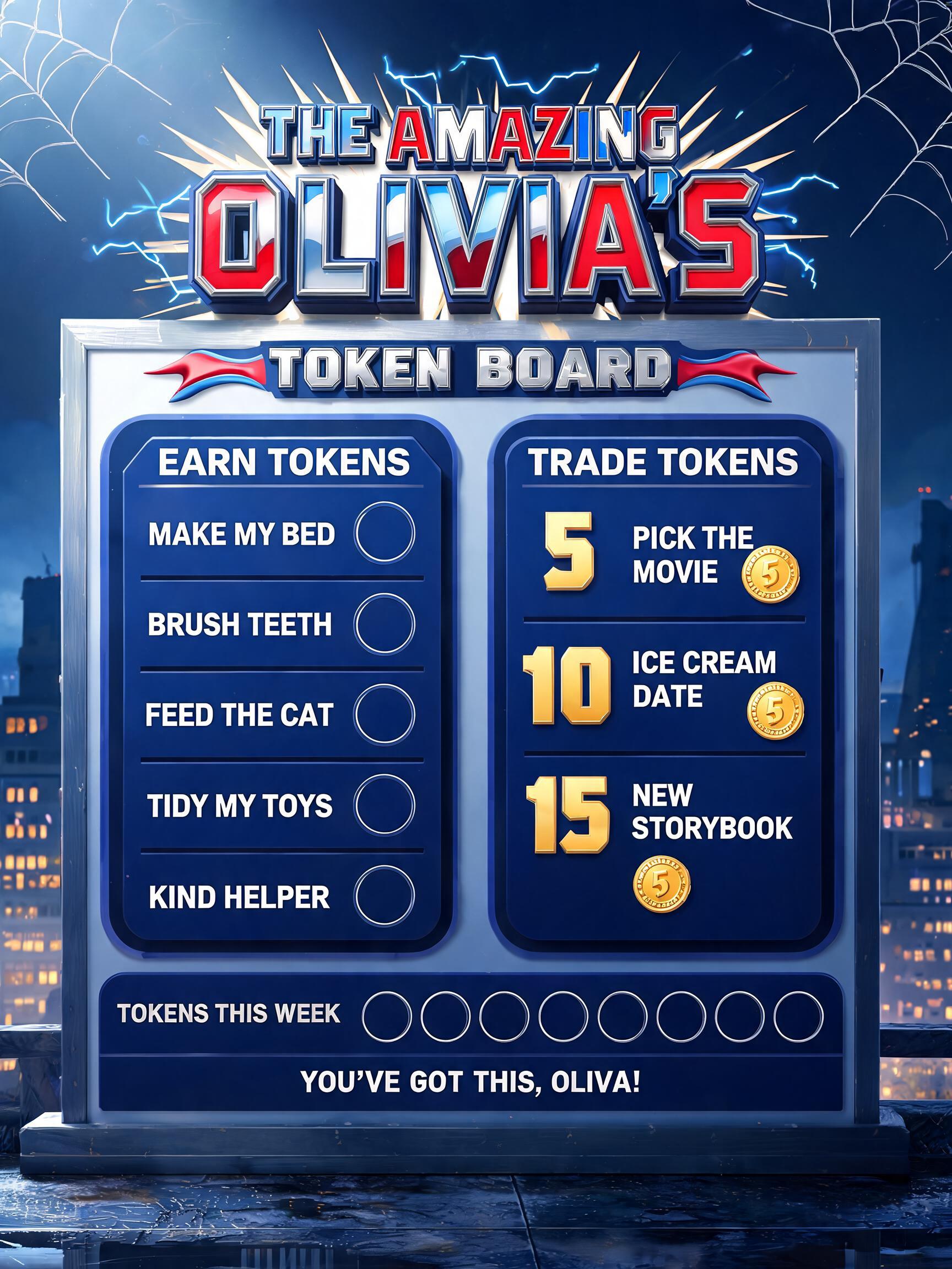 "the Amazing Olivia's Token Board" — Spider Hero text effect