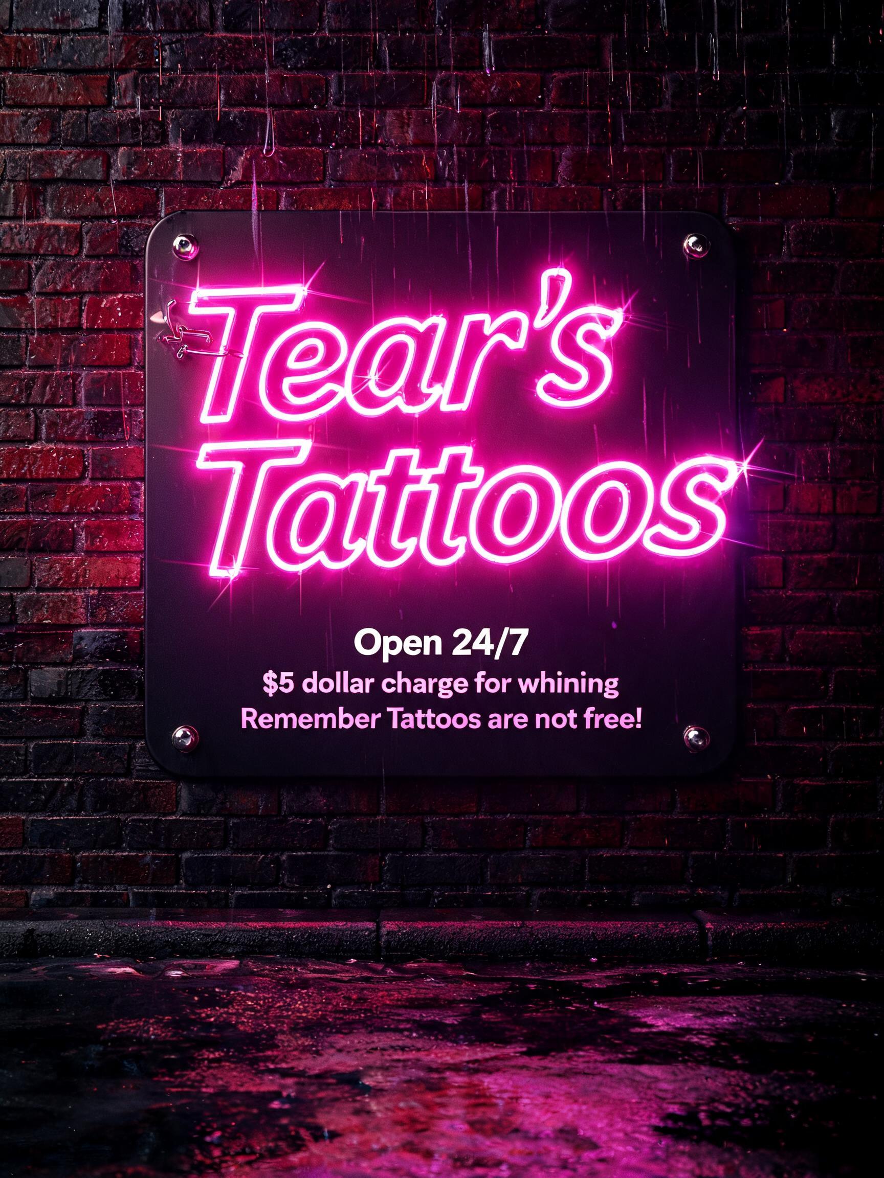 "Tear's Tattoos
Open 24/7
$5 dollar charge for whining
Remember Tattoos are not free!" — Neon Sign text effect