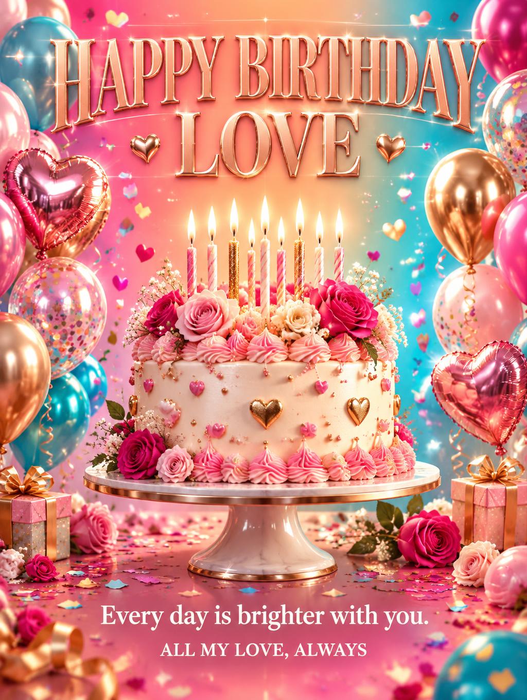 "HAPPY BIRTHDAY
LOVE
Every day is brighter with you.
ALL MY LOVE, ALWAYS" — Birthday | AI Text Effect Generator