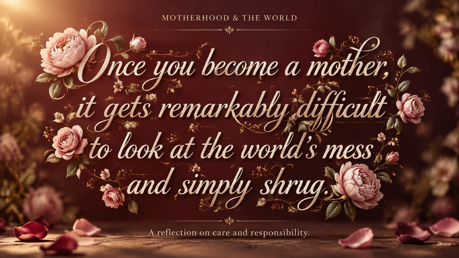 "“Once you become a mother, it gets remarkably difficult to look at the world’s mess and simply shrug.”
MOTHERHOOD & THE WORLD
A reflection on care and responsibility." — Mothers Day text effect