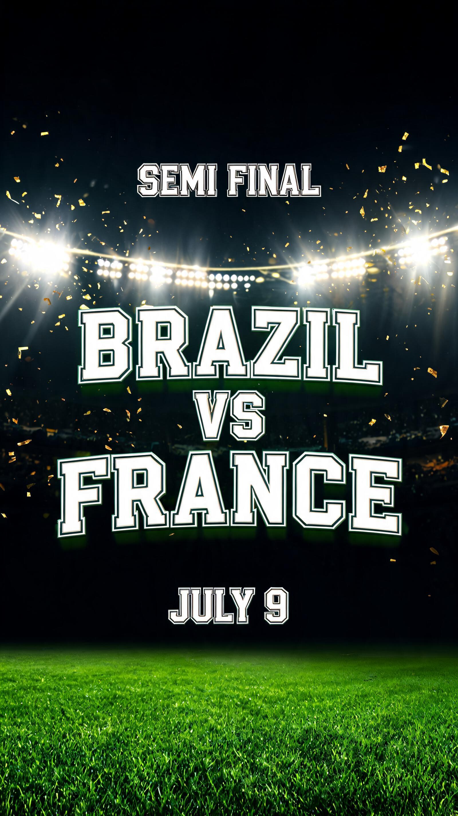 "SEMI FINAL
BRAZIL VS FRANCE
JULY 9" — Sports Football | AI Text Effect Generator
