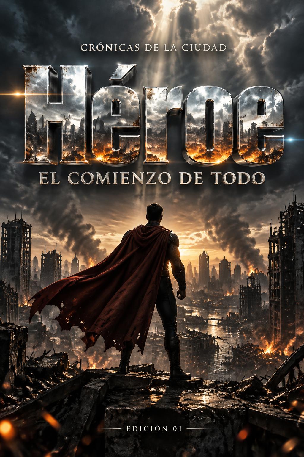 "CRÓNICAS DE LA CIUDAD
Héroe
EL COMIENZO DE TODO
EDICIÓN 01" — Cinematic Blockbuster | AI Text Effect Generator