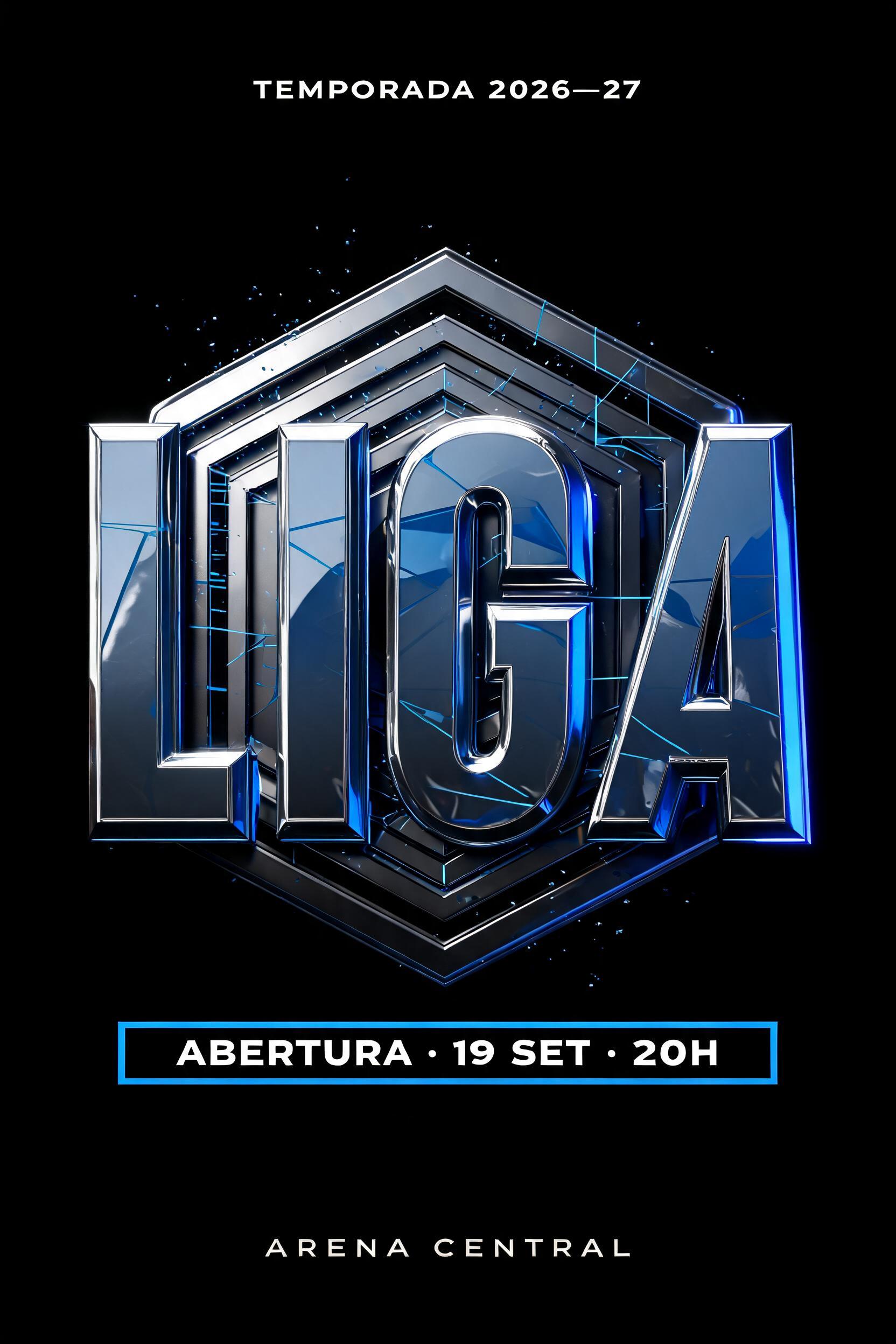 "LIGA
TEMPORADA 2026—27
ABERTURA · 19 SET · 20H
ARENA CENTRAL" — Chrome Metal 3d | AI Text Effect Generator
