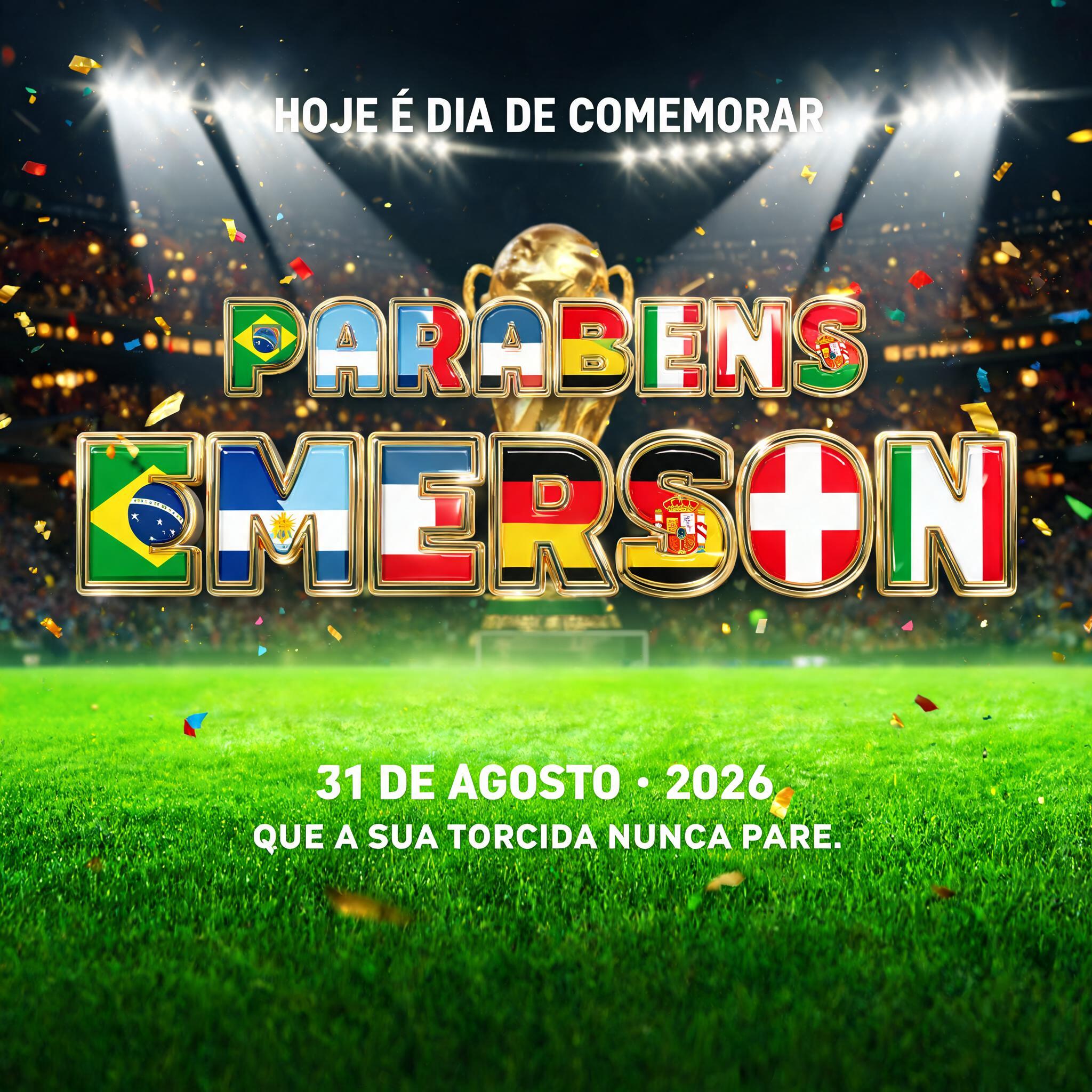 "PARABENS
EMERSON
HOJE É DIA DE COMEMORAR
31 DE AGOSTO • 2026
QUE A SUA TORCIDA NUNCA PARE." — Sports Football | AI Text Effect Generator