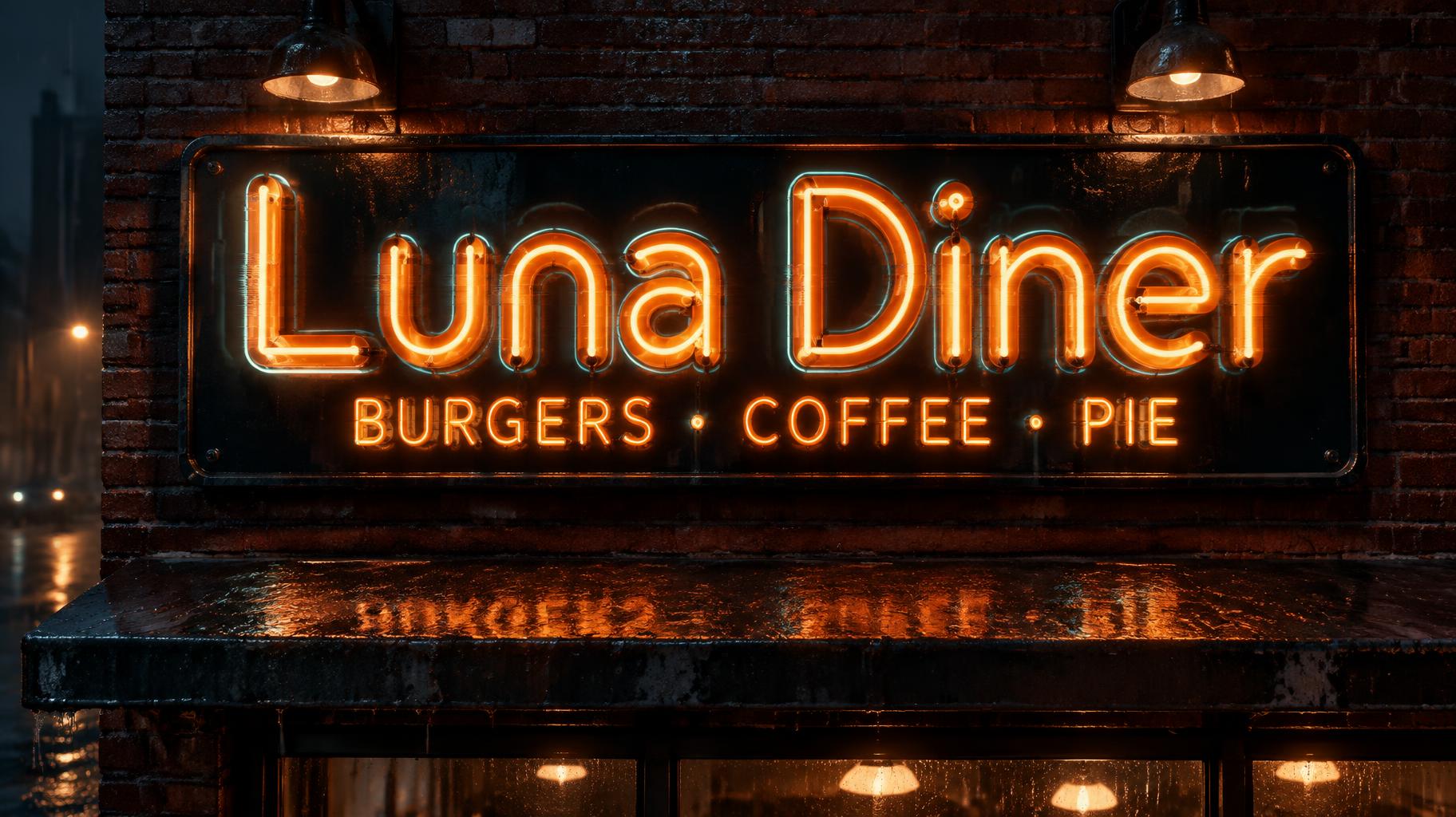 "Luna Diner
BURGERS · COFFEE · PIE" — Cyberpunk Electric Neon text effect