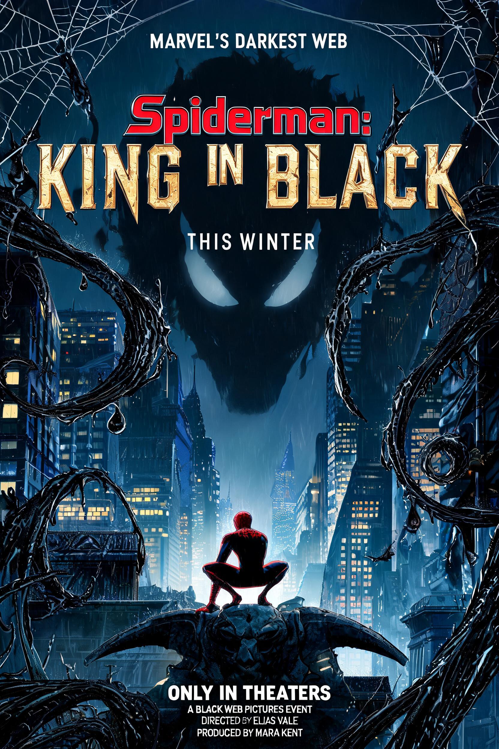 "Make a poster Spiderman:King In Black with black color and symbiotes" — Spider Hero text effect