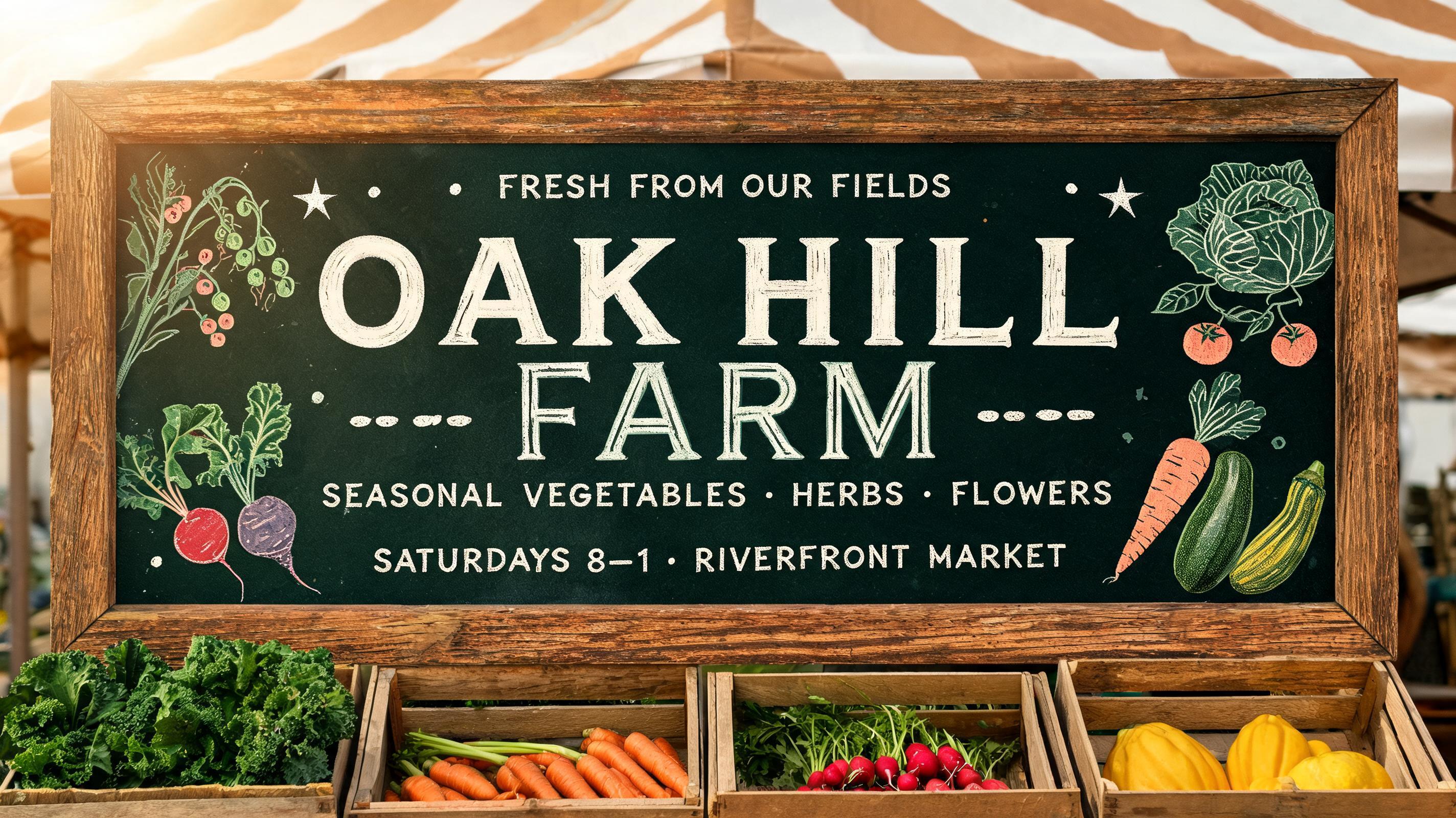 "Can you design a farmer's market stall banner for Oak Hill Farm with a hand-drawn vegetable border" — Chalk | AI Text Effect Generator