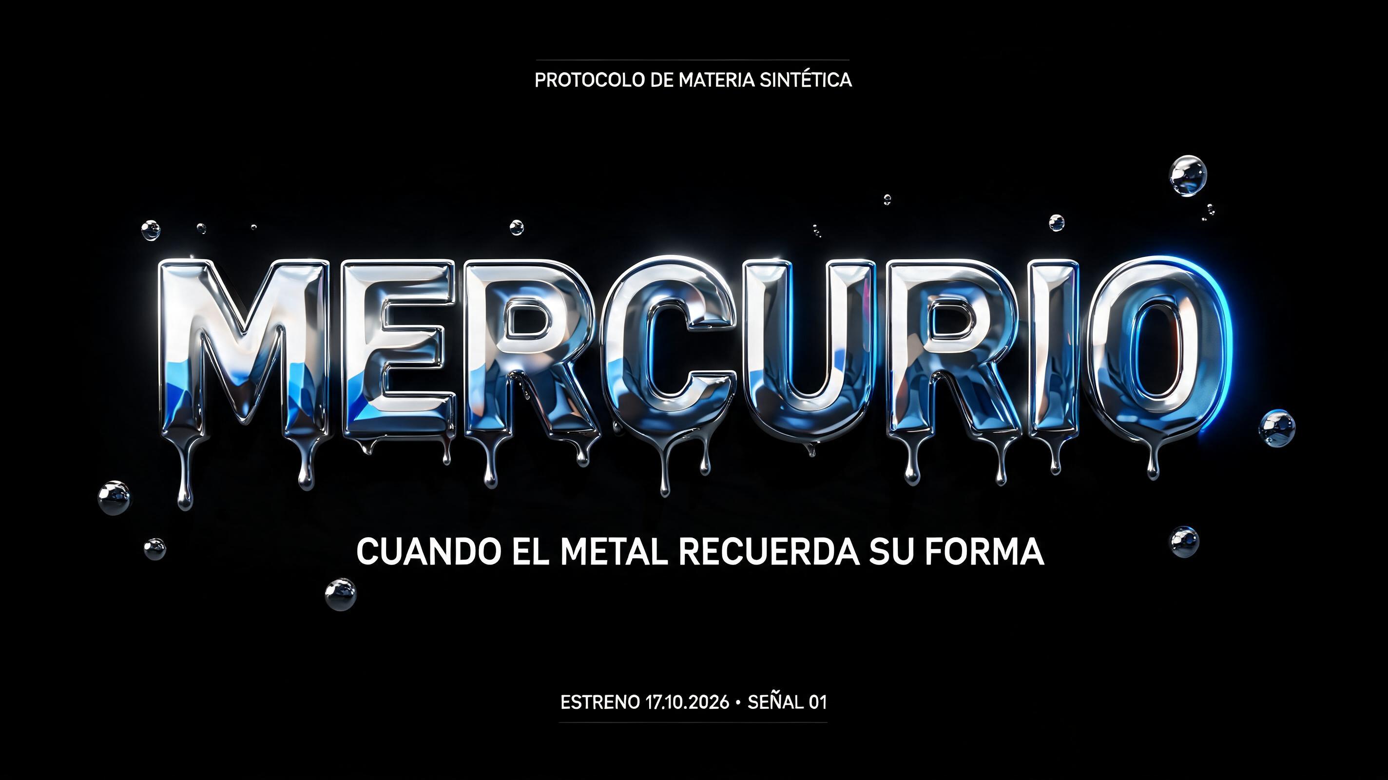 "Mercurio
PROTOCOLO DE MATERIA SINTÉTICA
CUANDO EL METAL RECUERDA SU FORMA
ESTRENO 17.10.2026 · SEÑAL 01" — Chrome Metal 3d | AI Text Effect Generator