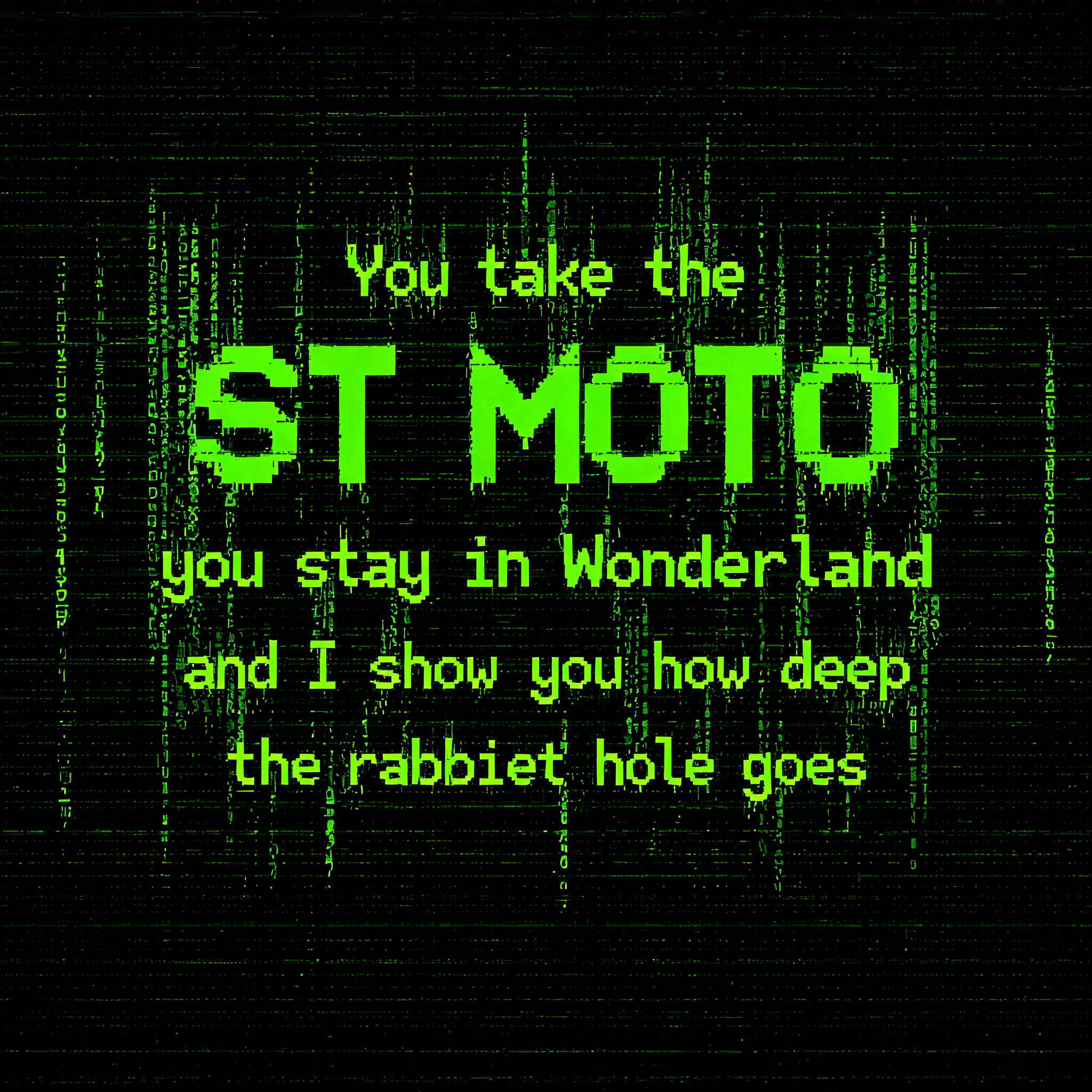 "You take the ST MOTO - you stay in Wonderland and I show you how deep the rabbit hole goes" — Cyberpunk Data Stream | AI Text Effect Generator