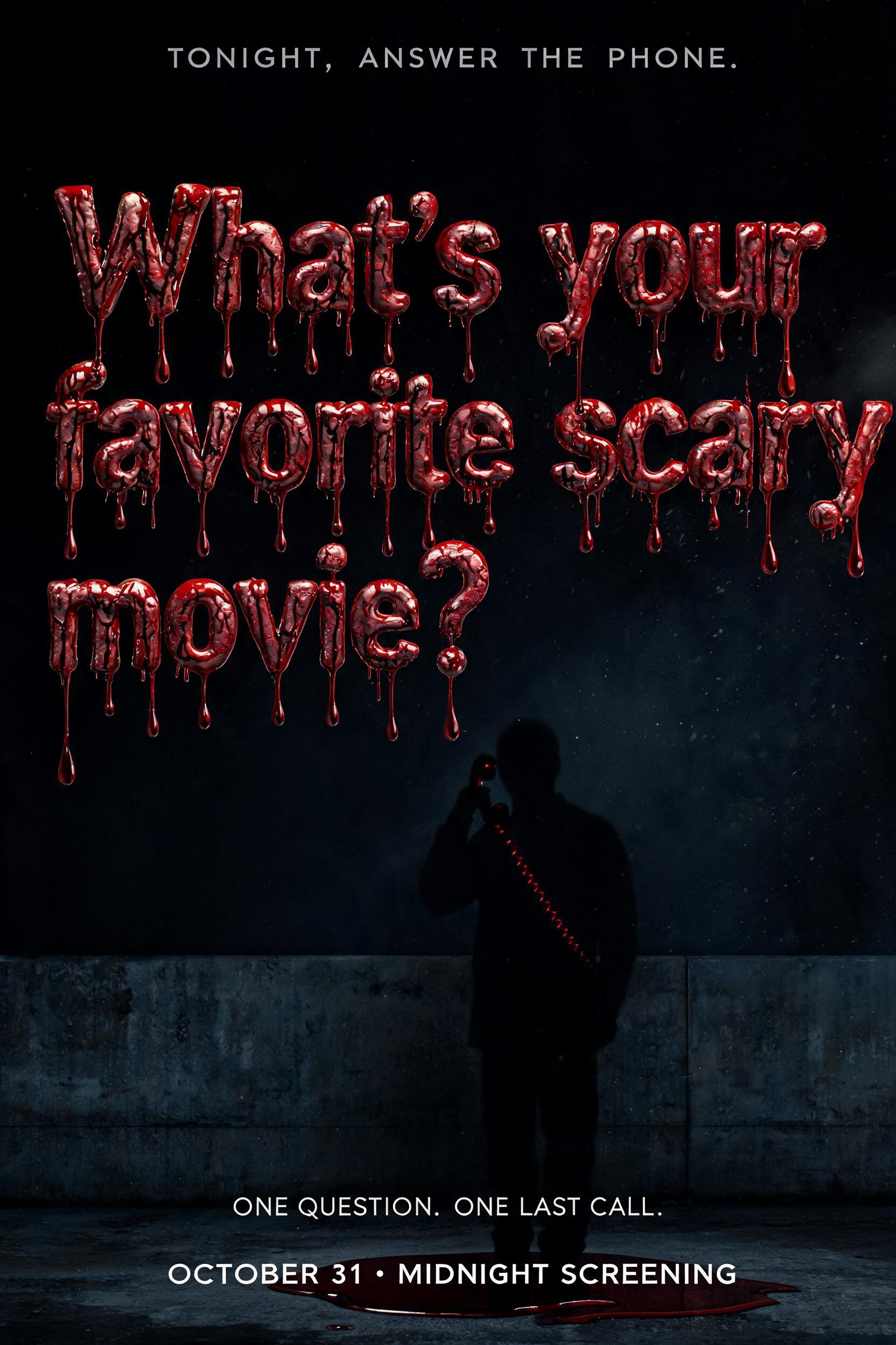 "What's your
favorite scary
movie?
TONIGHT, ANSWER THE PHONE.
ONE QUESTION. ONE LAST CALL.
OCTOBER 31 · MIDNIGHT SCREENING" — Drip Font Blood | AI Text Effect Generator