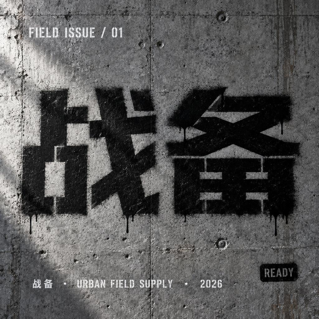 "战备
FIELD ISSUE / 01
战备  ·  URBAN FIELD SUPPLY  ·  2026
READY" — Stencil | AI Text Effect Generator