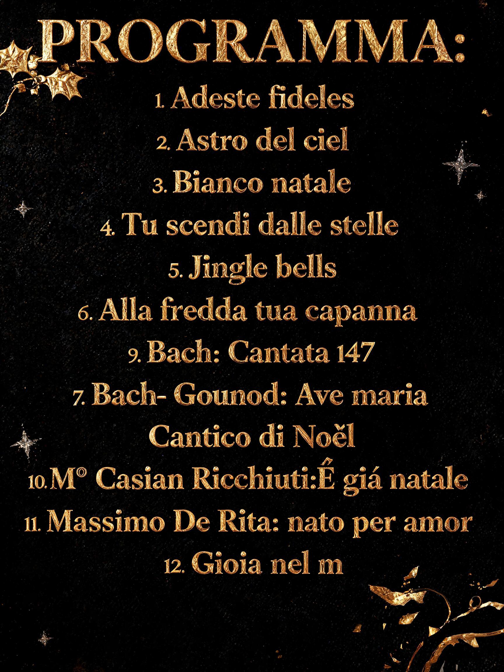 "PROGRAMMA:

Adeste fideles
Astro del ciel
Bianco natale
Tu scendi dalle stelle
Jingle bells
Alla fredda tua capanna
Bach: Cantata 147
Bach- Gounod: Ave maria 
Cantico di Noël
Mº Casian Ricchiuti:È già natale
Massimo De Rita: nato per amor
Gioia nel m" — Luxury Gold | AI Text Effect Generator