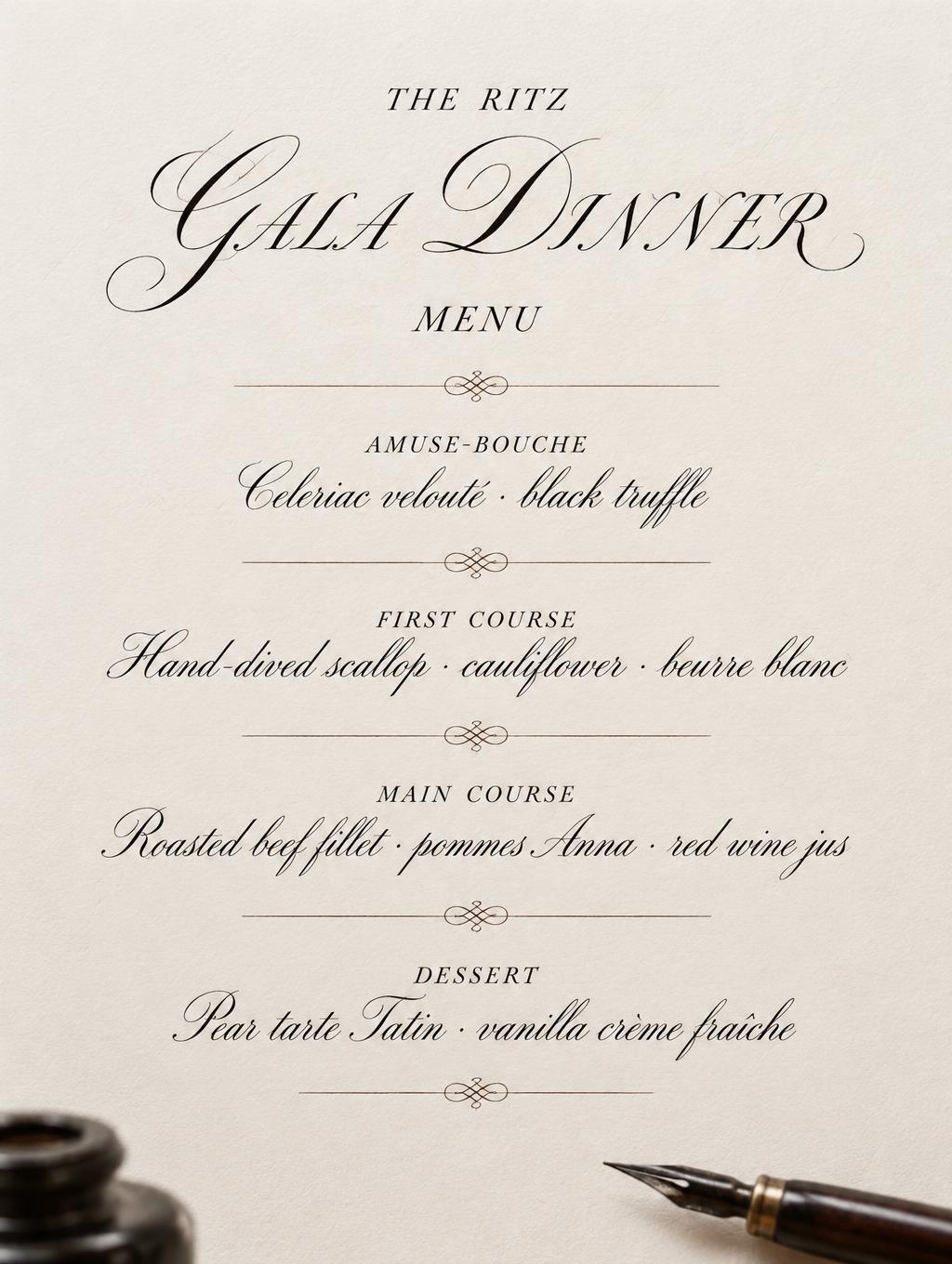 "THE RITZ
GALA DINNER
MENU
AMUSE-BOUCHE
Celeriac velouté · black truffle
FIRST COURSE
Hand-dived scallop · cauliflower · beurre blanc
MAIN COURSE
Roasted beef fillet · pommes Anna · red wine jus
DESSERT
Pear tarte Tatin · vanilla crème fraîche" — Cursive Calligraphy text effect