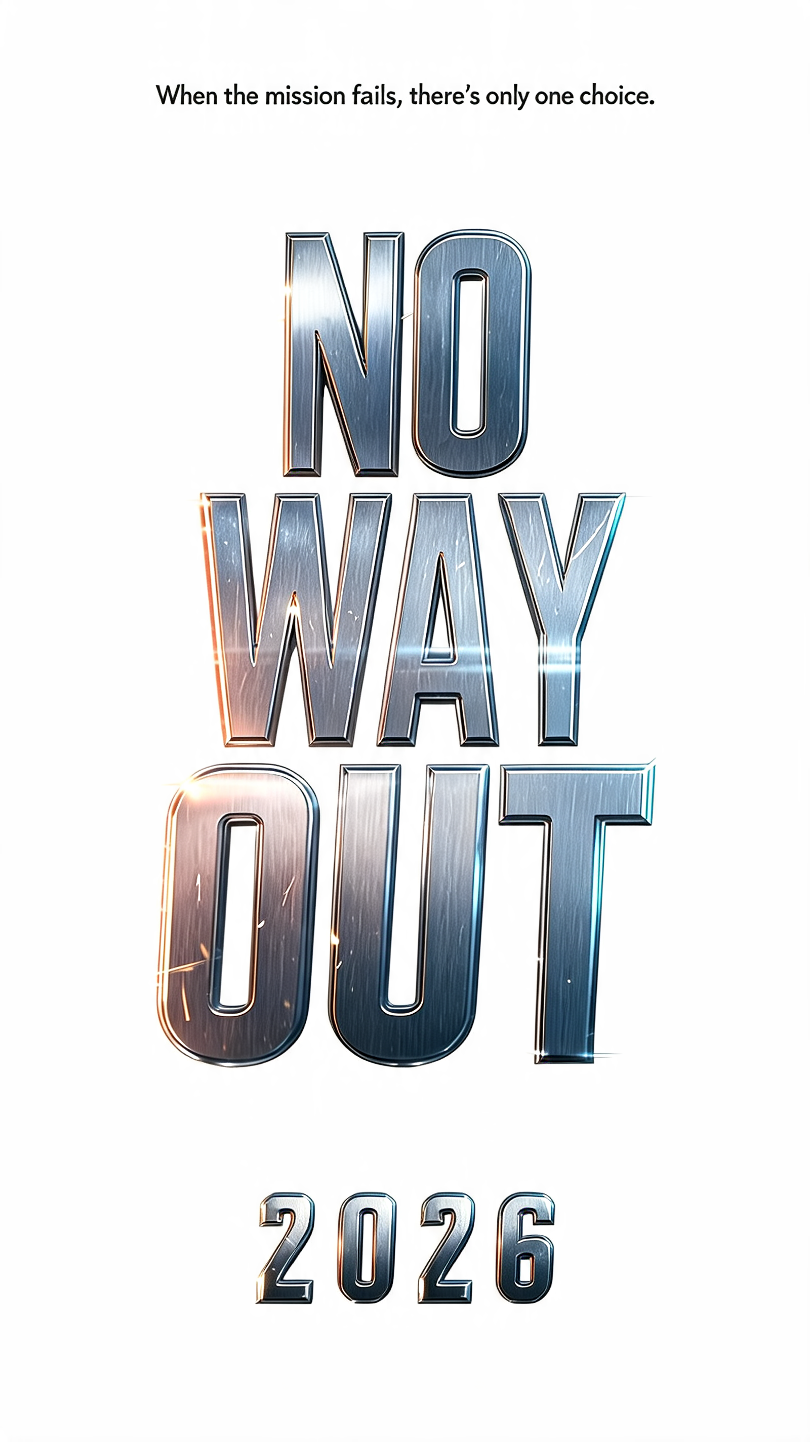 "NO WAY OUT
When the mission fails, there's only one choice.
2026" — Cinematic Action text effect