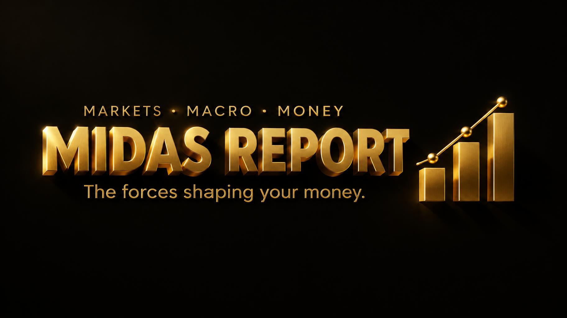 "MIDAS REPORT
MARKETS · MACRO · MONEY
The forces shaping your money." — 3d Bold Gold | AI Text Effect Generator