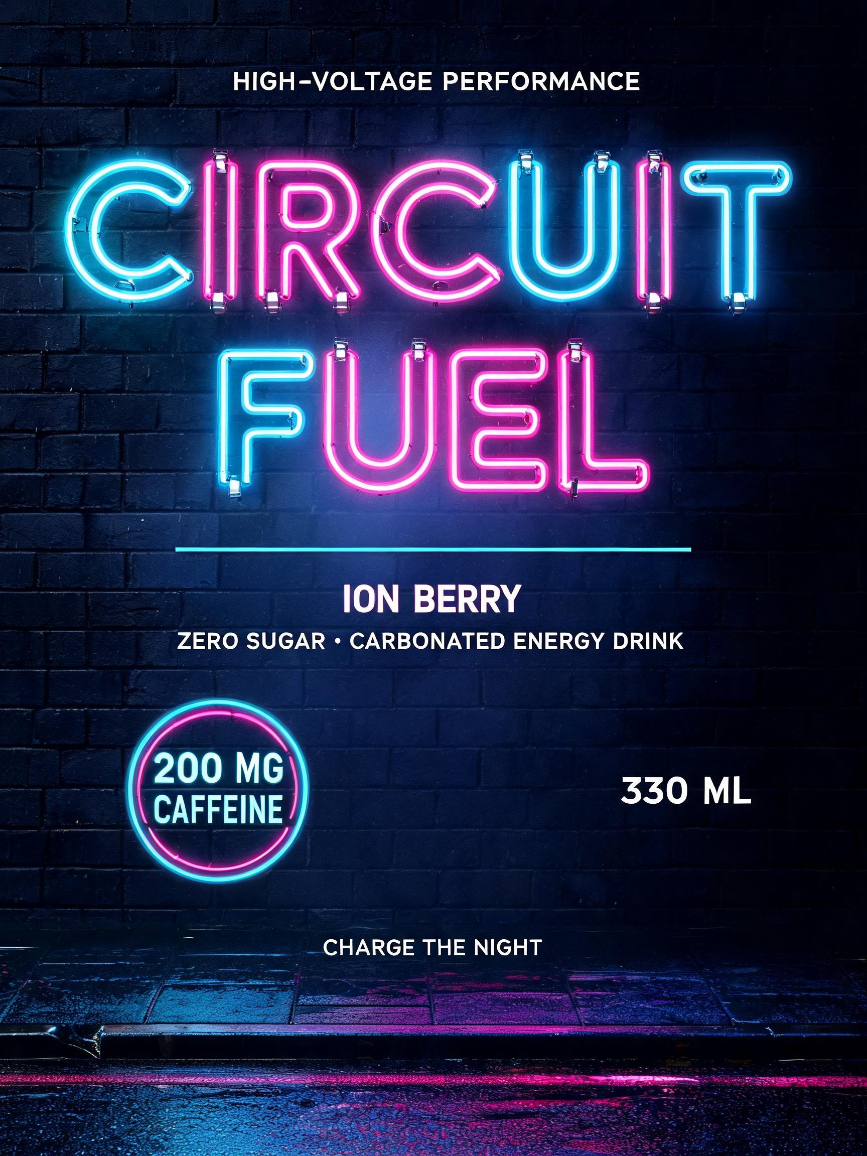 "CIRCUIT
FUEL
HIGH-VOLTAGE PERFORMANCE
ION BERRY
ZERO SUGAR · CARBONATED ENERGY DRINK
200 MG CAFFEINE
330 ML
CHARGE THE NIGHT" — Neon Glow | AI Text Effect Generator