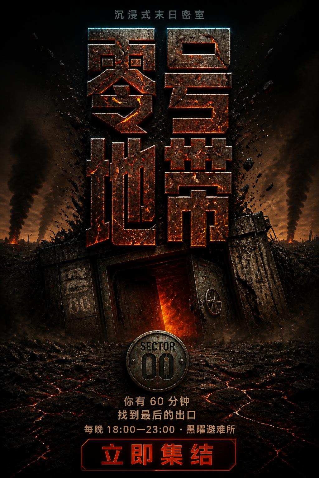 "零号
地带
沉浸式末日密室
SECTOR 00
你有 60 分钟 / 找到最后的出口
每晚 18:00—23:00 · 黑曜避难所
立即集结" — Post Apocalyptic | AI Text Effect Generator