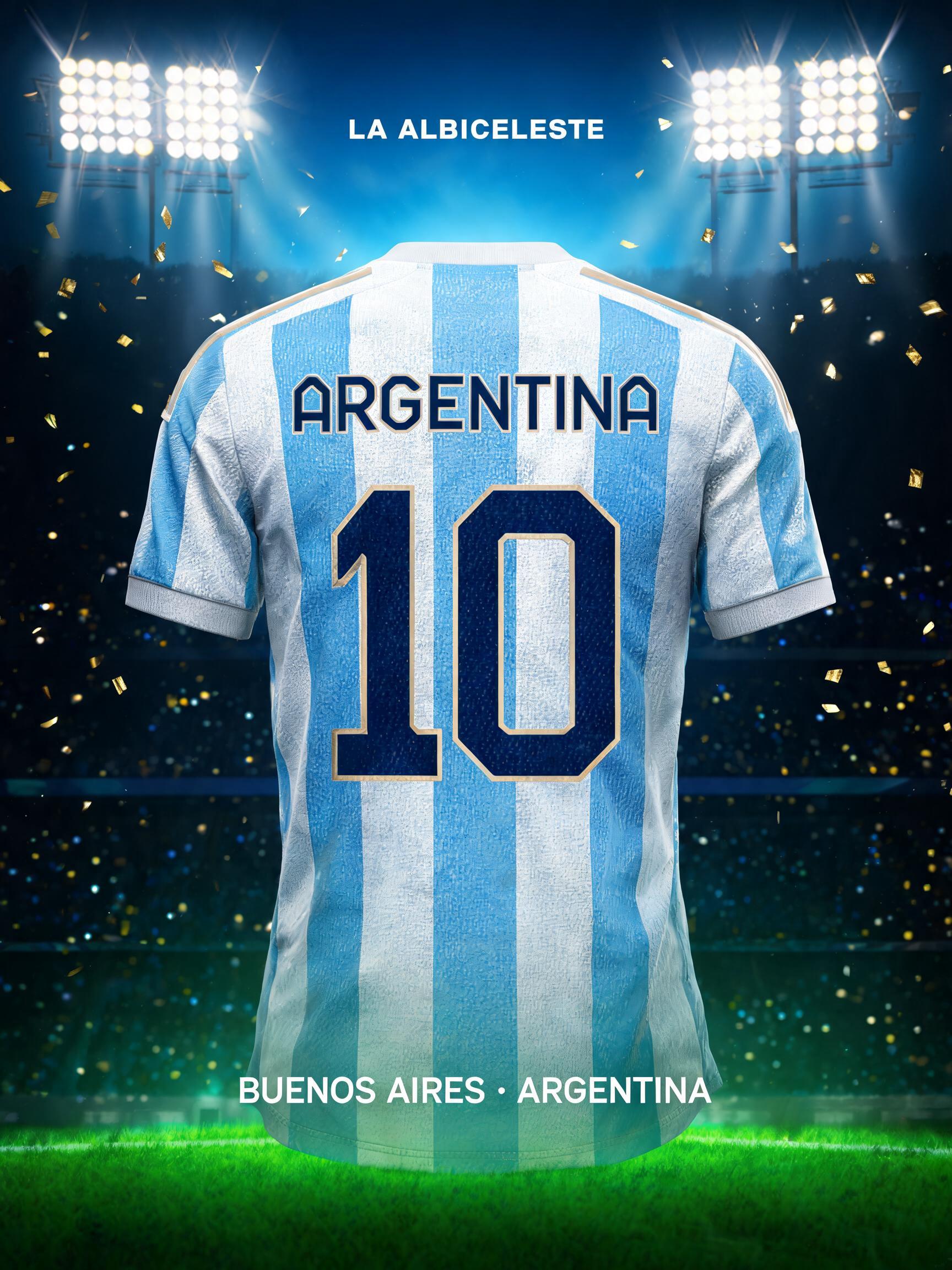 "ARGENTINA
10
LA ALBICELESTE
BUENOS AIRES · ARGENTINA" — Sports Football | AI Text Effect Generator