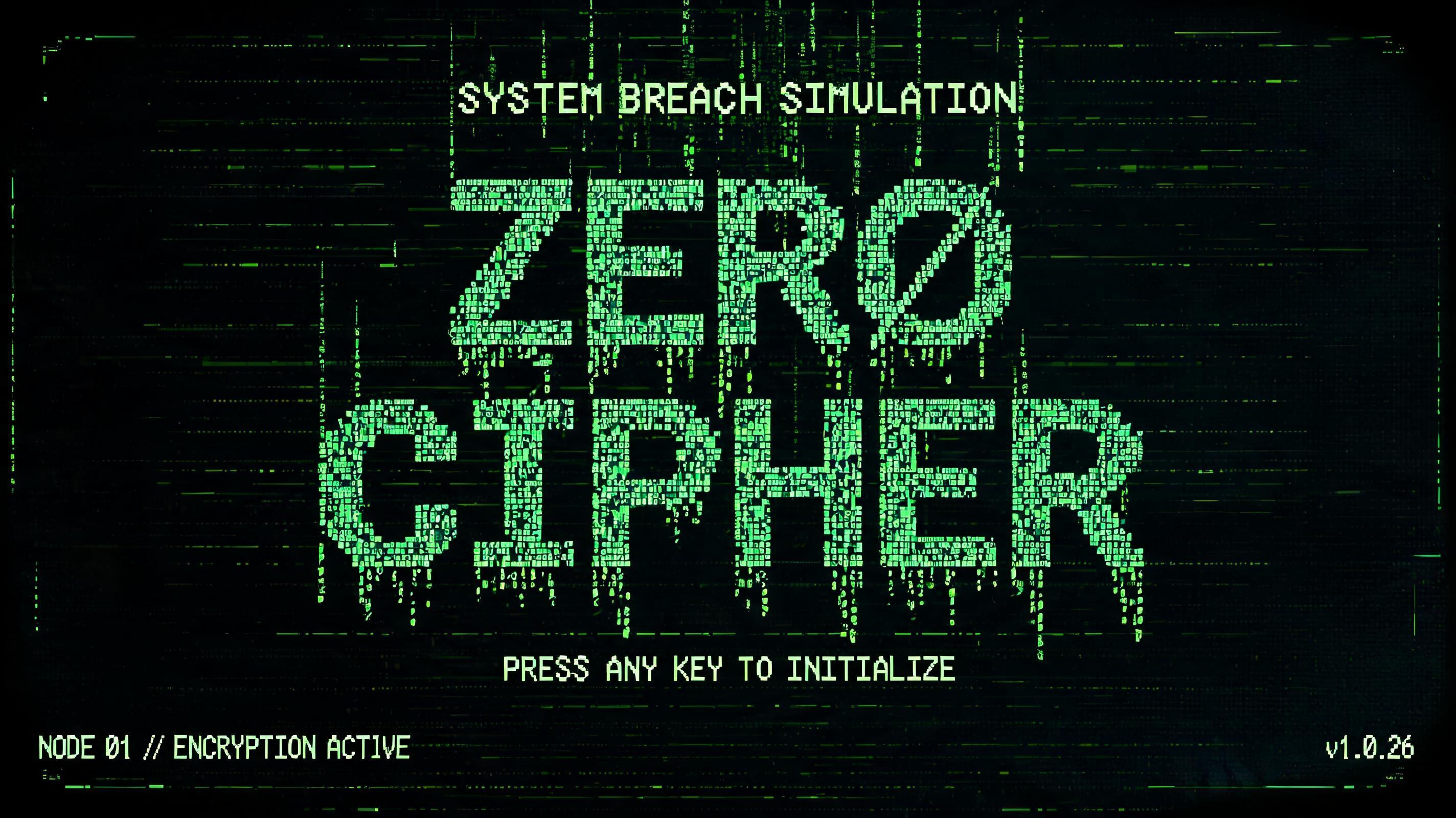 "ZERO CIPHER
SYSTEM BREACH SIMULATION
PRESS ANY KEY TO INITIALIZE
NODE 01 // ENCRYPTION ACTIVE
v1.0.26" — Cyberpunk Data Stream text effect