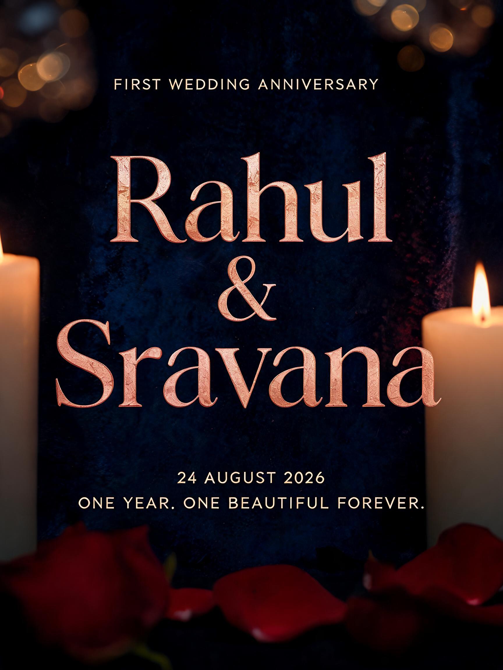 "Desine the 1st wedding anniversary ♥️Rahul&Sravana♥️" — Anniversary text effect