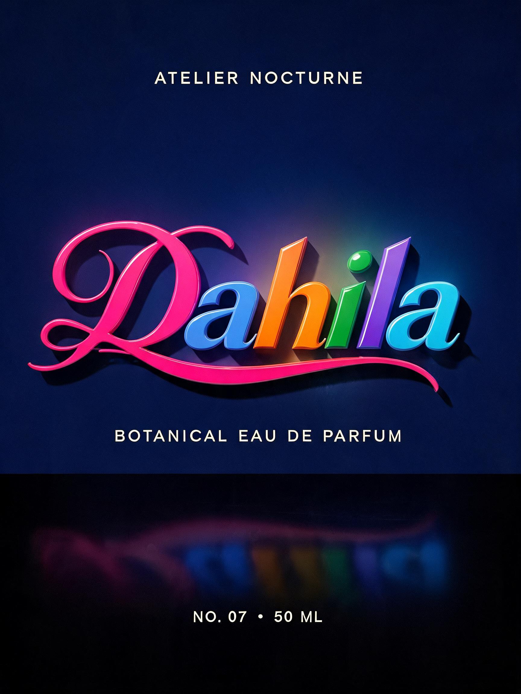 "Dahila
ATELIER NOCTURNE
BOTANICAL EAU DE PARFUM
NO. 07  ·  50 ML" — 3d Bold text effect