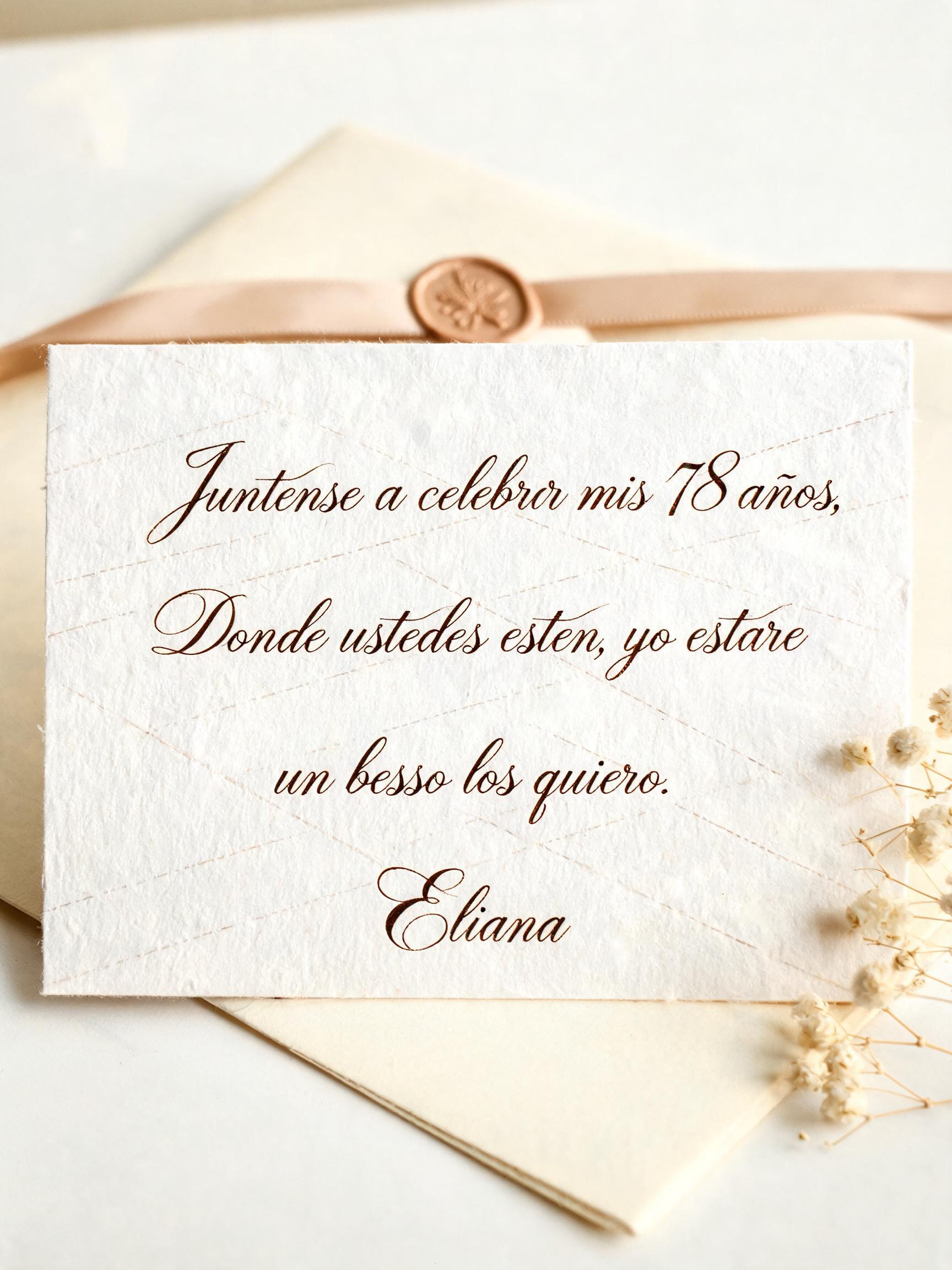 "Juntense a celebrar mis 78 años,
Donde ustedes esten, yo estare,
un beso los quiero.
Eliana" — Cursive Calligraphy | AI Text Effect Generator