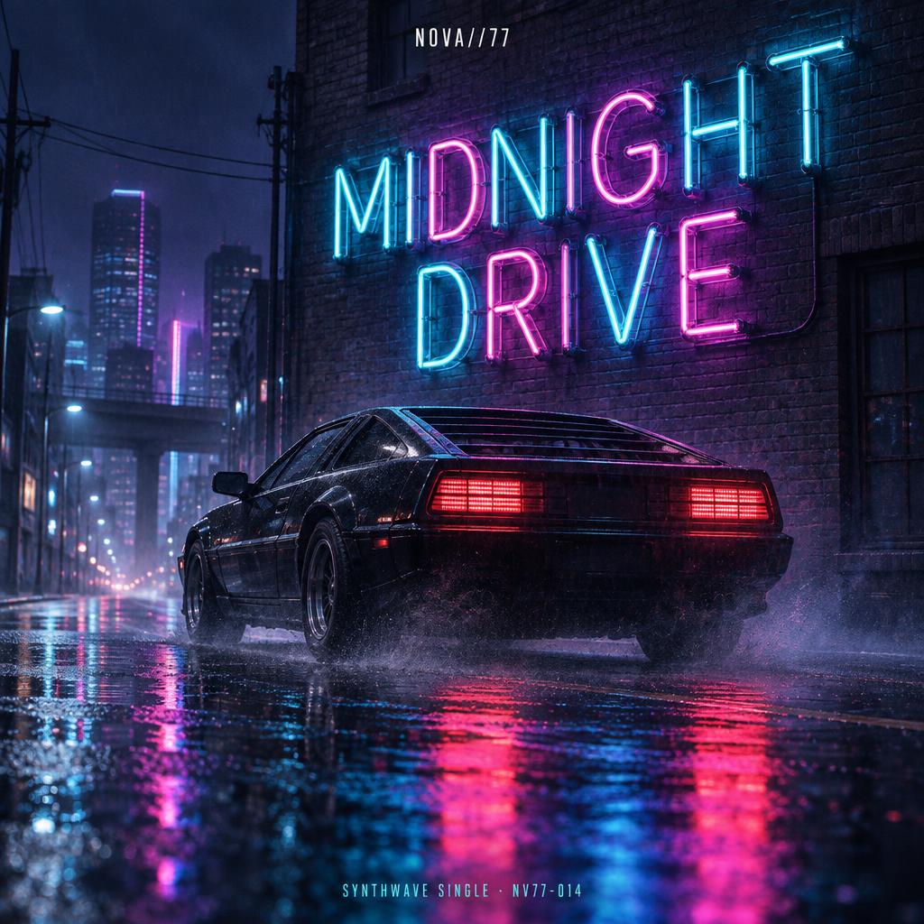"MIDNIGHT
DRIVE
NOVA//77
SYNTHWAVE SINGLE · NV77-014" — Neon Glow | AI Text Effect Generator