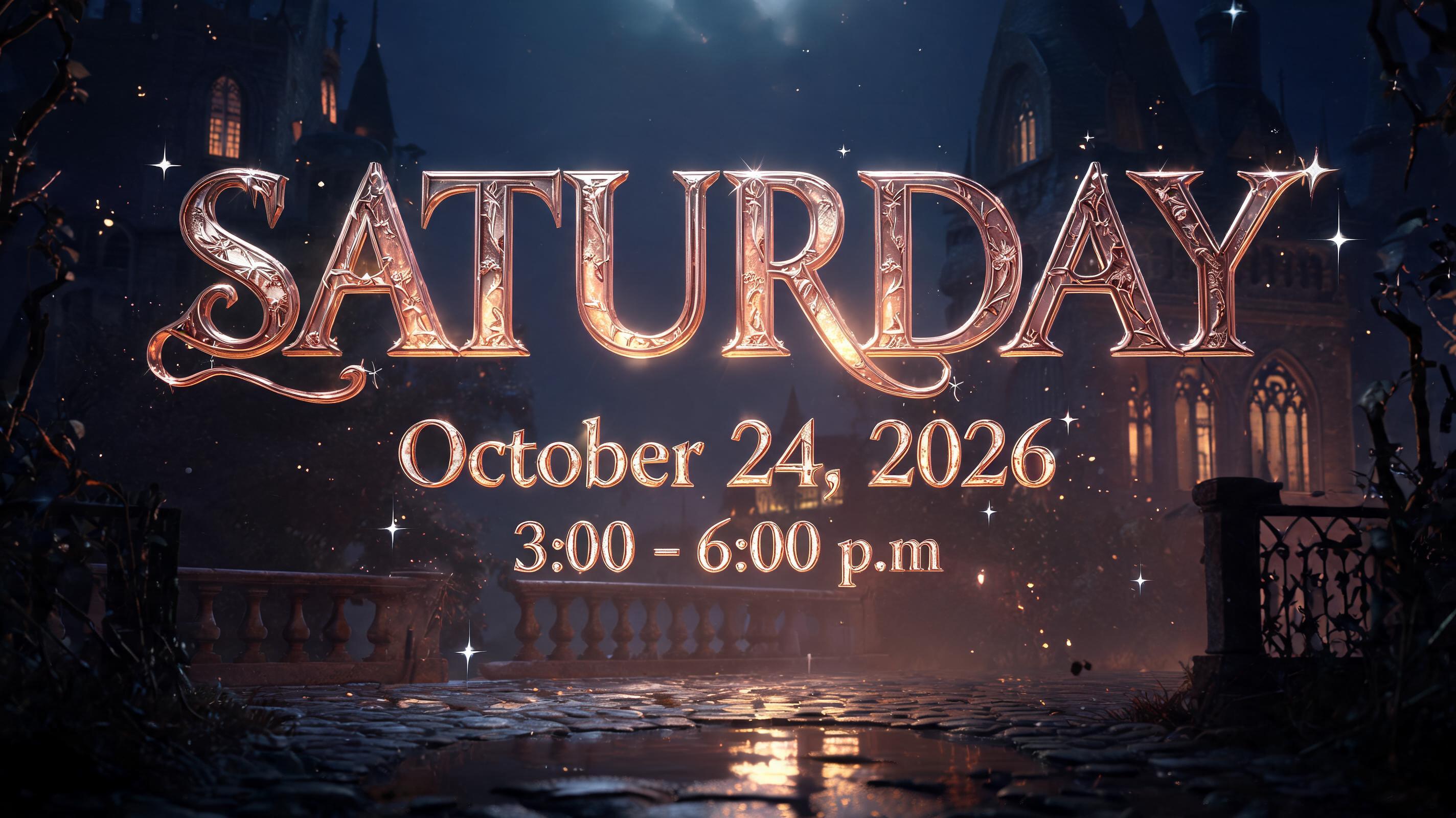 "SATURDAY
October 24, 2026 
3:00 - 6:00 p.m" — fairy tale text effect