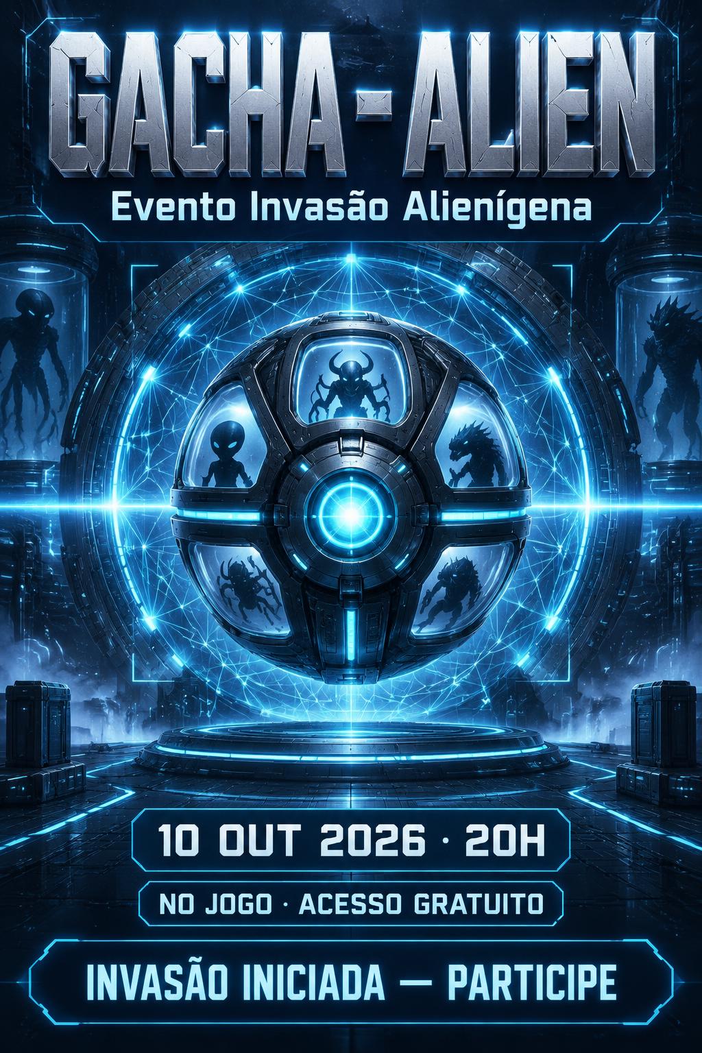 Gacha - Alien
Evento Invasão Alienígena
10 OUT 2026 · 20H
NO JOGO · ACESSO GRATUITO
INVASÃO INICIADA — PARTICIPE