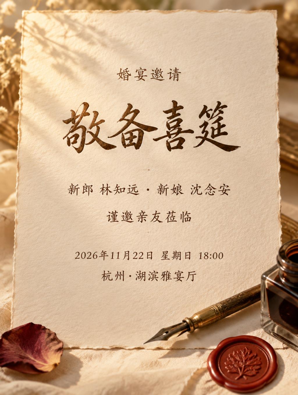 "敬备喜筵
婚宴邀请
新郎 林知远 · 新娘 沈念安
谨邀亲友莅临
2026年11月22日 星期日 18:00
杭州·湖滨雅宴厅" — Handwritten Script text effect