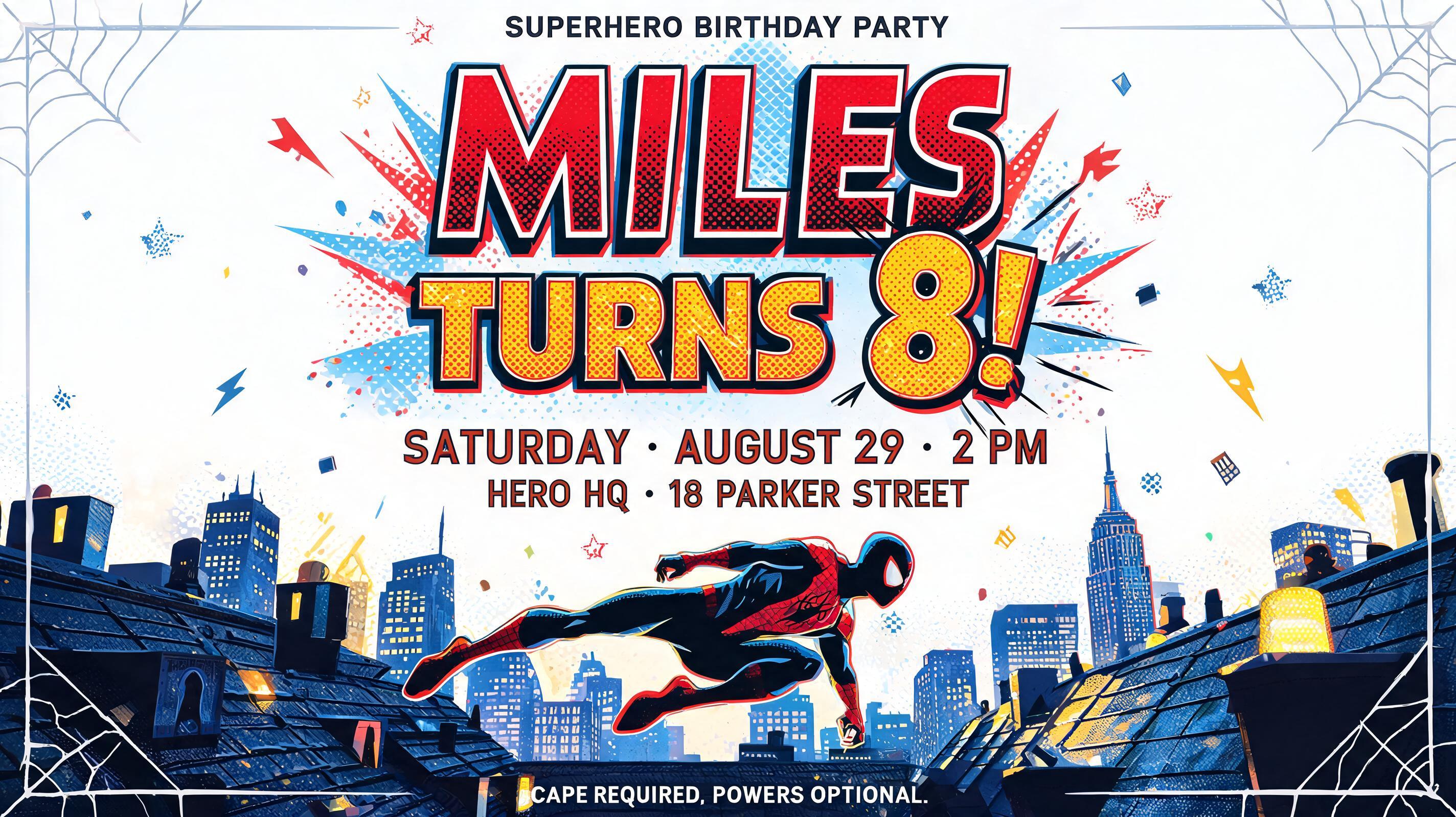 "Create a birthday party banner for Miles's superhero 8th birthday" — Spider Hero text effect