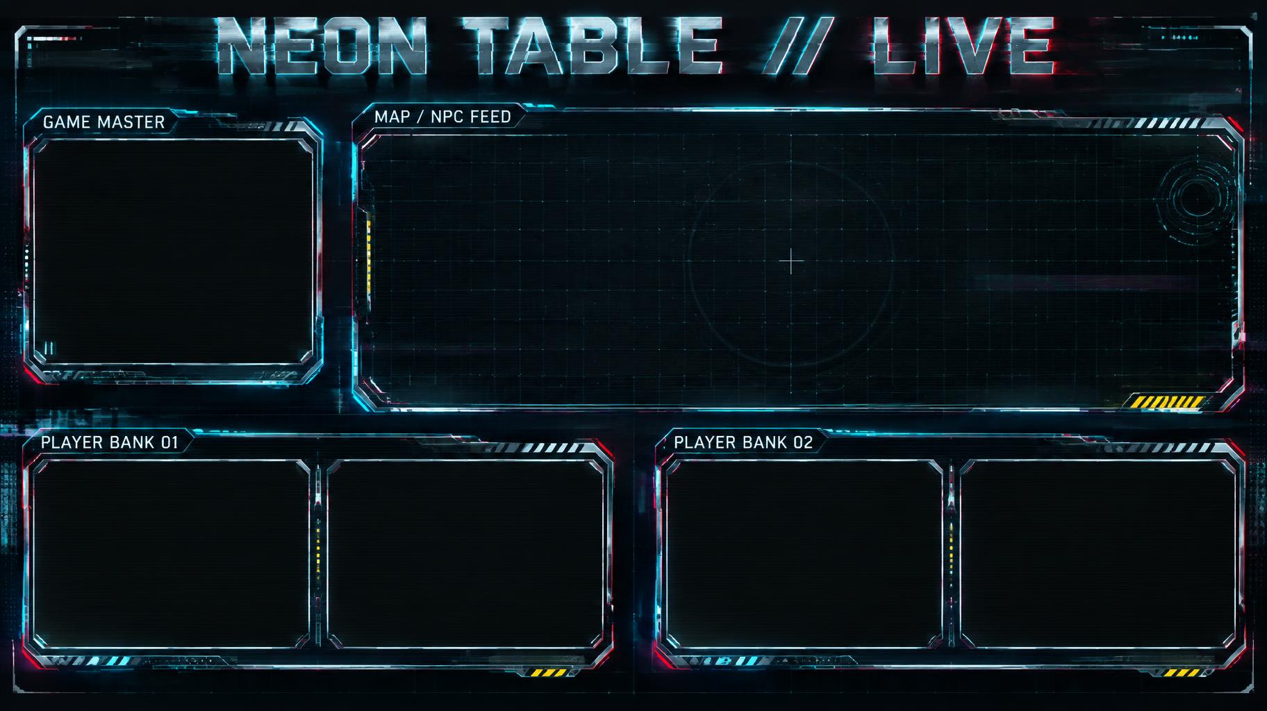 "NEON TABLE // LIVE
GAME MASTER
MAP / NPC FEED
PLAYER BANK 01
PLAYER BANK 02" — Cyberpunk | AI Text Effect Generator