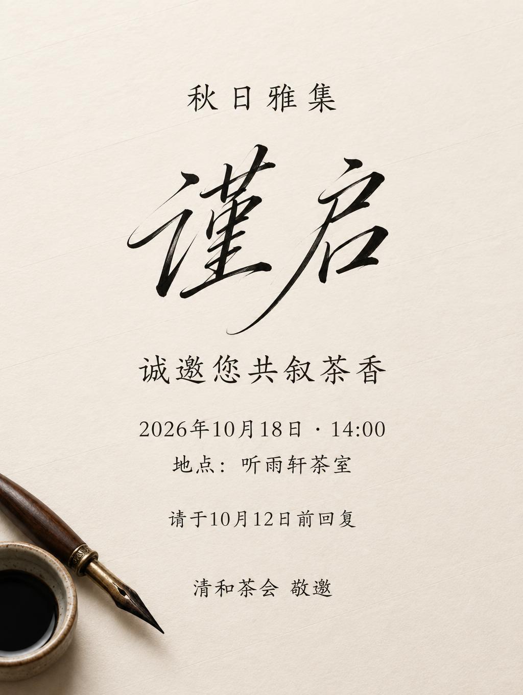 "谨启
秋日雅集
诚邀您共叙茶香
2026年10月18日 · 14:00
地点：听雨轩茶室
请于10月12日前回复
清和茶会 敬邀" — Cursive Calligraphy text effect