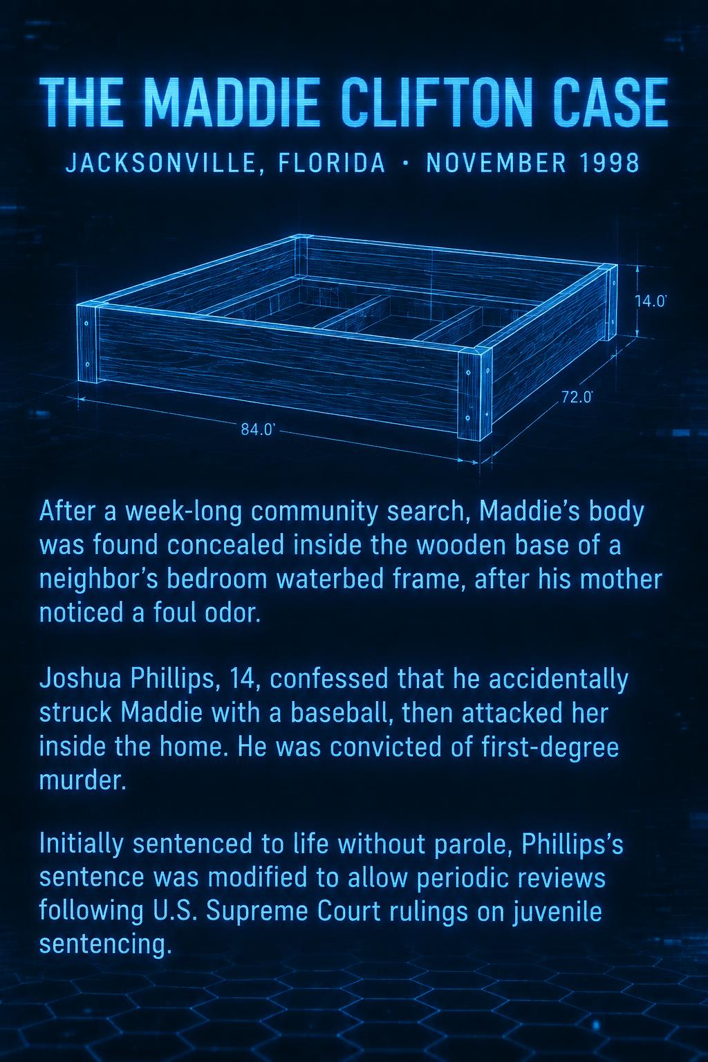 "THE MADDIE CLIFTON CASE
JACKSONVILLE, FLORIDA · NOVEMBER 1998
After a week-long community search, Maddie’s body was found concealed inside the wooden base of a neighbor’s bedroom waterbed frame, after his mother noticed a foul odor.
Joshua Phillips, 14, confessed that he accidentally struck Maddie with a baseball, then attacked her inside the home. He was convicted of first-degree murder.
Initially sentenced to life without parole, Phillips’s sentence was modified to allow periodic reviews following U.S. Supreme Court rulings on juvenile sentencing." — Cyberpunk Hologram | AI Text Effect Generator