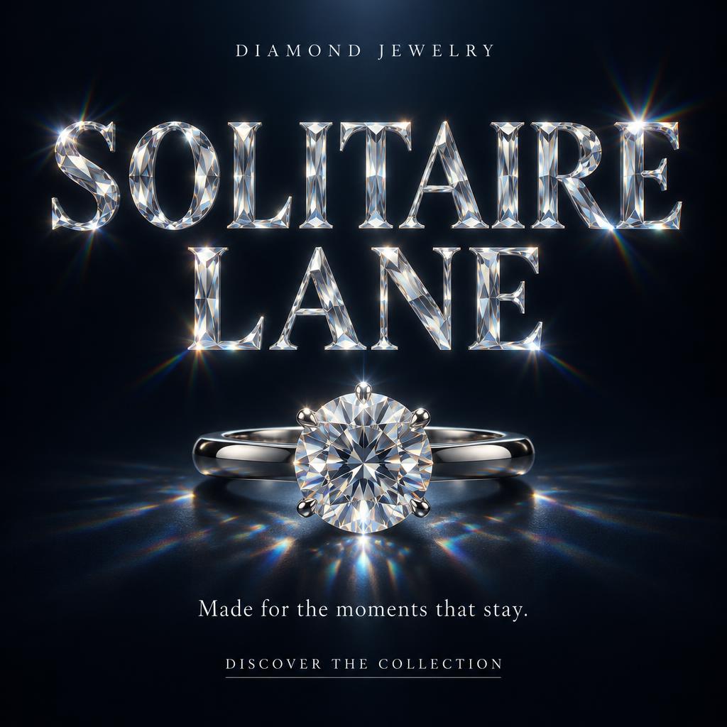 "SOLITAIRE LANE
DIAMOND JEWELRY
Made for the moments that stay.
DISCOVER THE COLLECTION" — Glass Crystal | AI Text Effect Generator