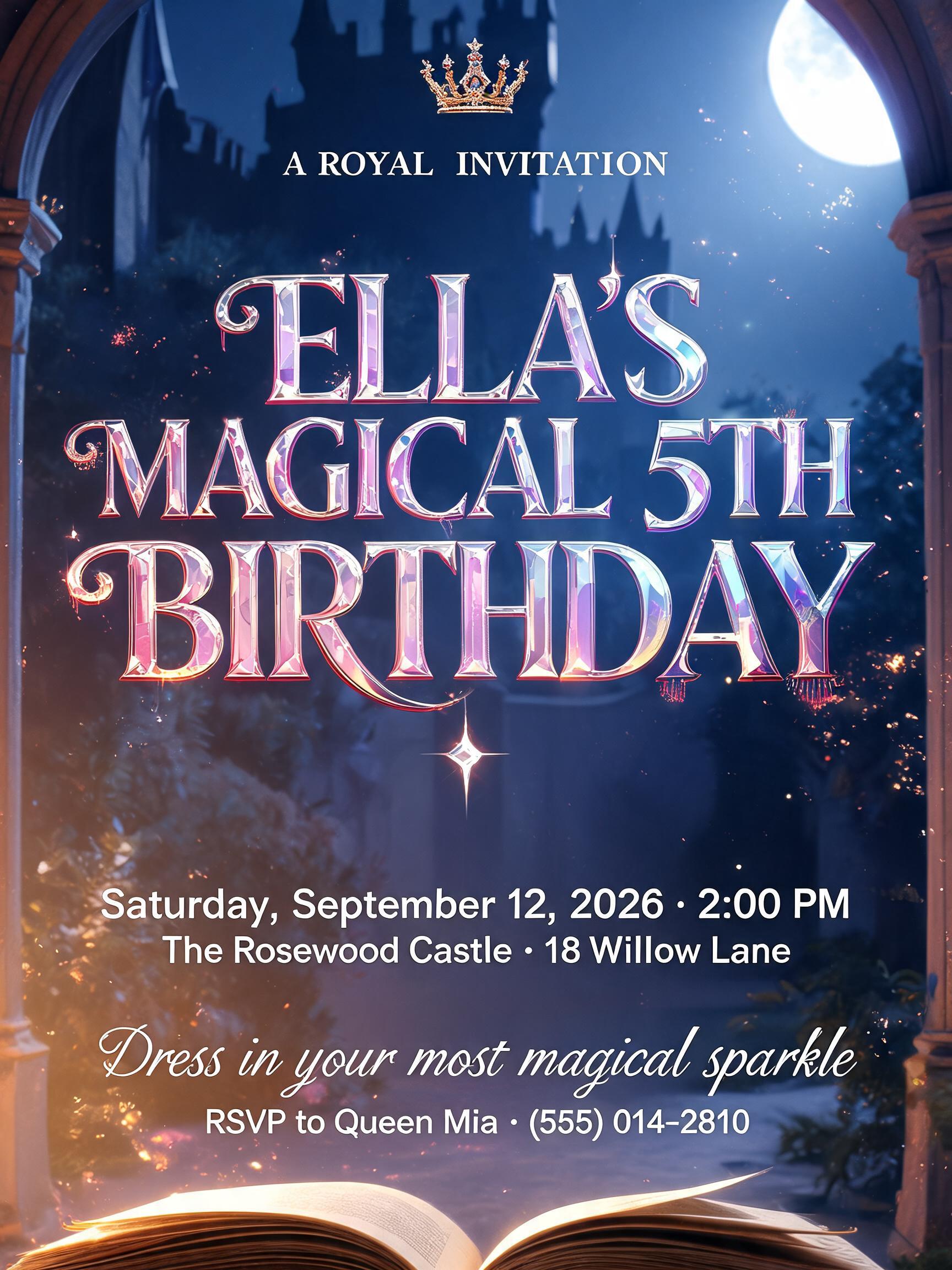 "A ROYAL INVITATION
ELLA’S
MAGICAL 5TH
BIRTHDAY
Saturday, September 12, 2026 · 2:00 PM
The Rosewood Castle · 18 Willow Lane
Dress in your most magical sparkle
RSVP to Queen Mia · (555) 014-2810" — Fairy Tale | AI Text Effect Generator