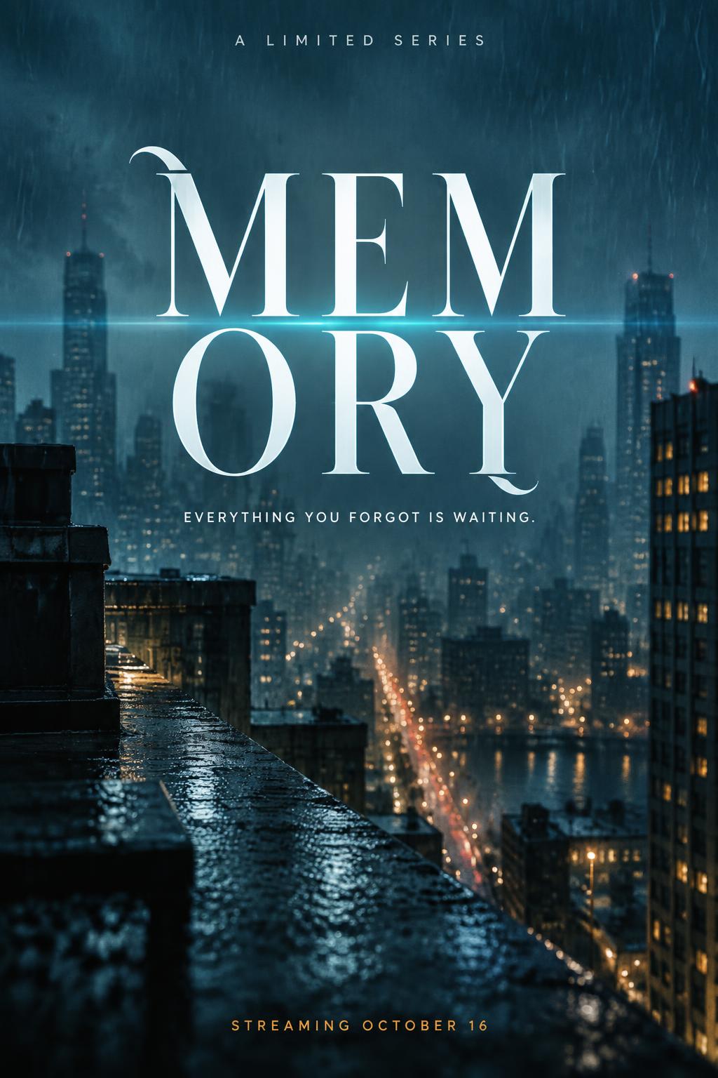 "MEMORY
A LIMITED SERIES
EVERYTHING YOU FORGOT IS WAITING.
STREAMING OCTOBER 16" — Cinematic Netflix | AI Text Effect Generator